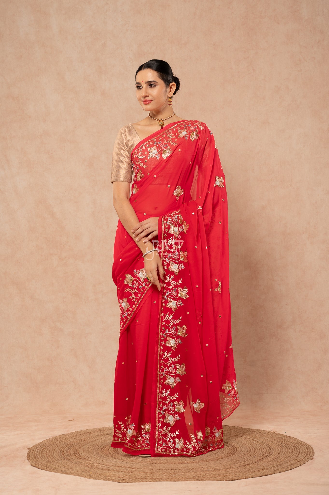 Red Shaded Pure Chiffon Aari Sequins Resham Border Butti handwork Party wear Saree with Blouse
