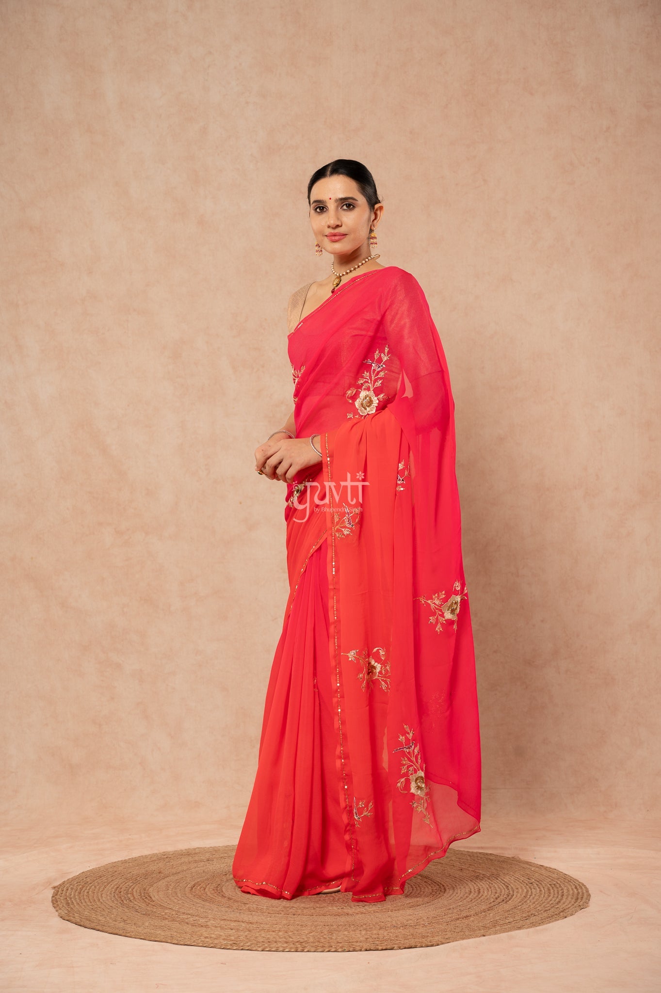 Orange Shaded Pure Chiffon Aari Sequins Kardana Motifs ( Butti ) Handwork Party wear Saree with Blouse