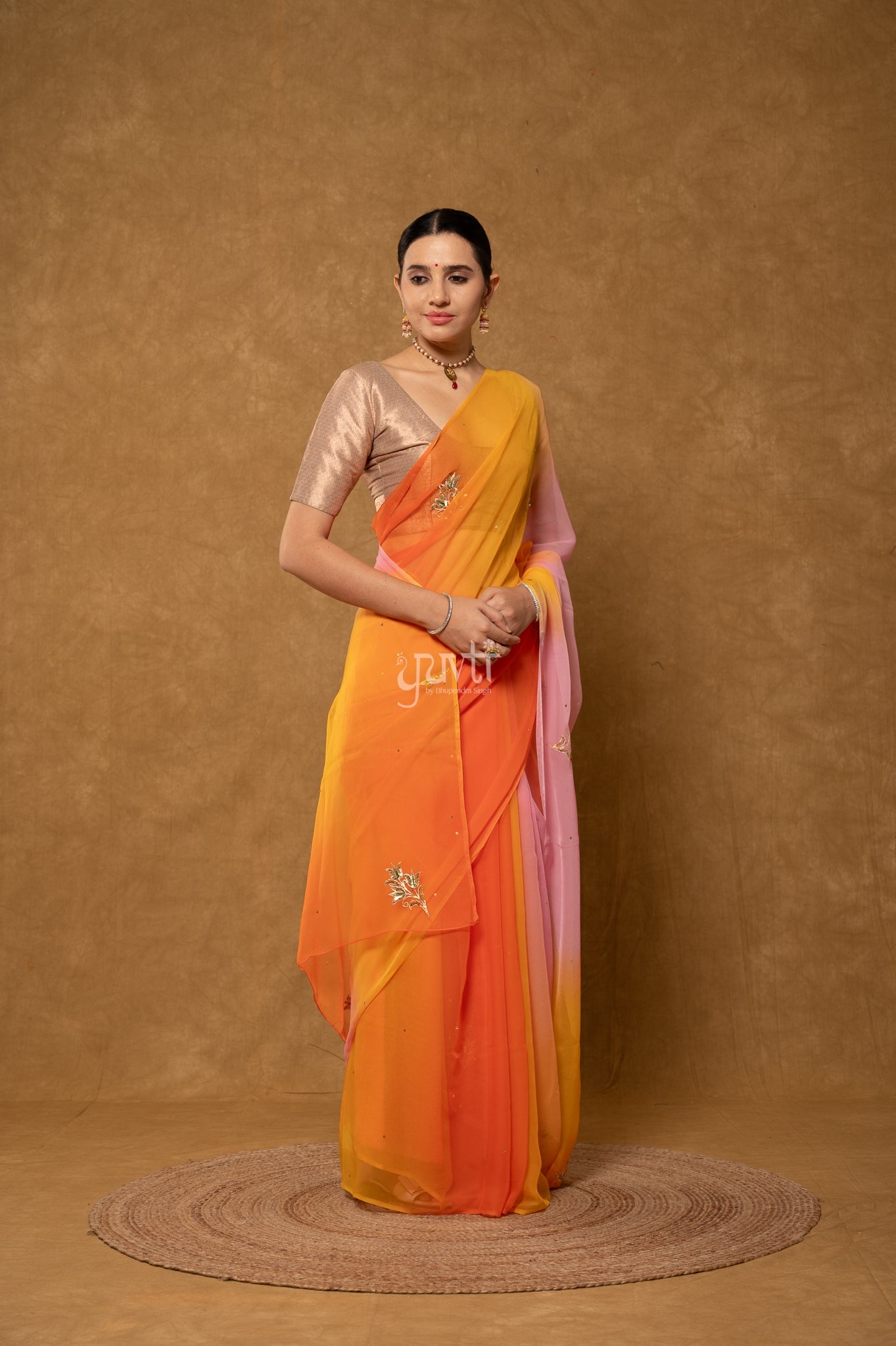 Yellow Orange Pink Multi Viscose Chiffon Aari Sequins Motifs ( Butti ) Handwork Saree with Blouse