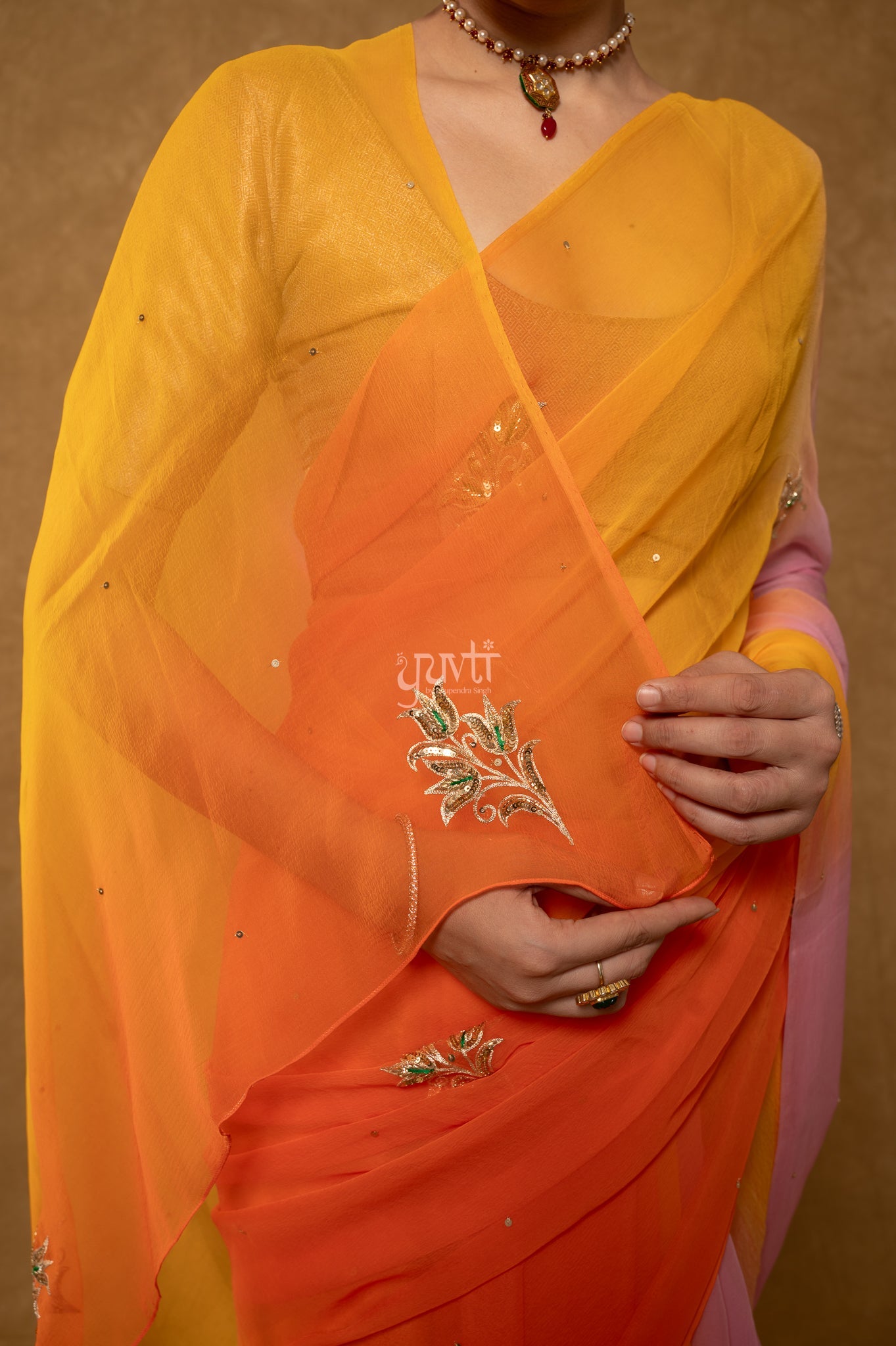 Yellow Orange Pink Multi Viscose Chiffon Aari Sequins Motifs ( Butti ) Handwork Saree with Blouse