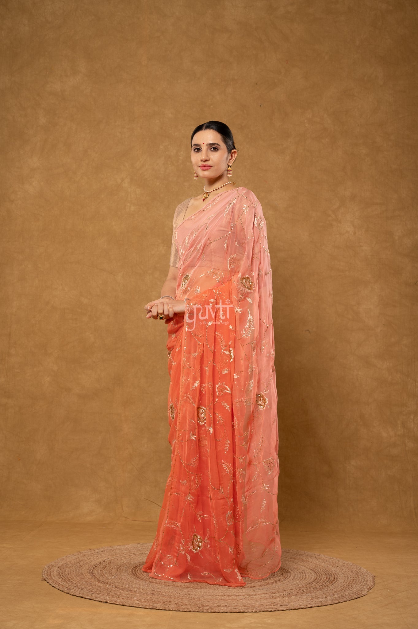 Peach Pink Viscose Chiffon Aari Sequins Jaal Handwork Party Wear Saree with Blouse