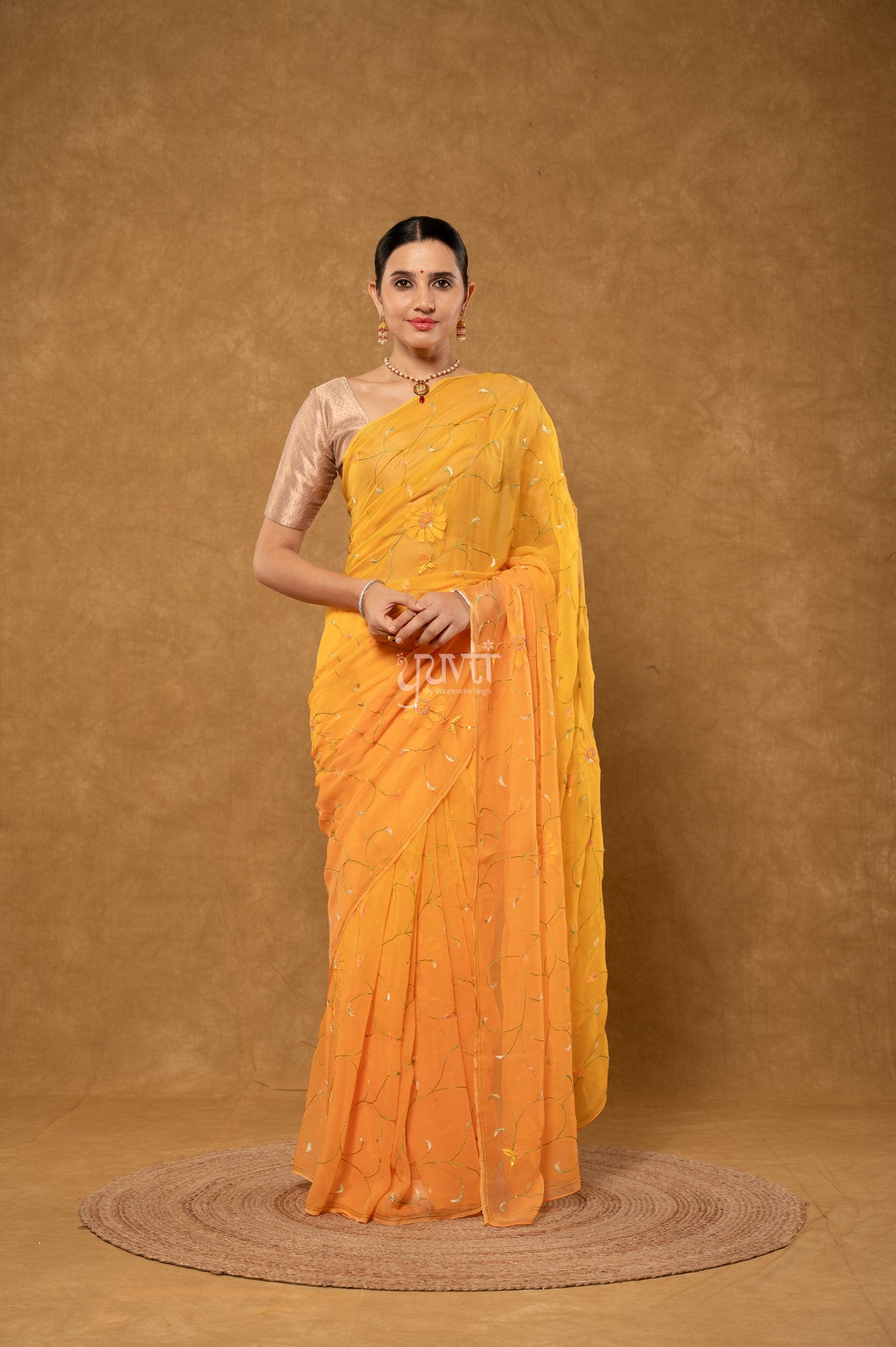 Peach Shaded Viscose Chiffon Resham Shadow Jaal Handwork Party wear Saree