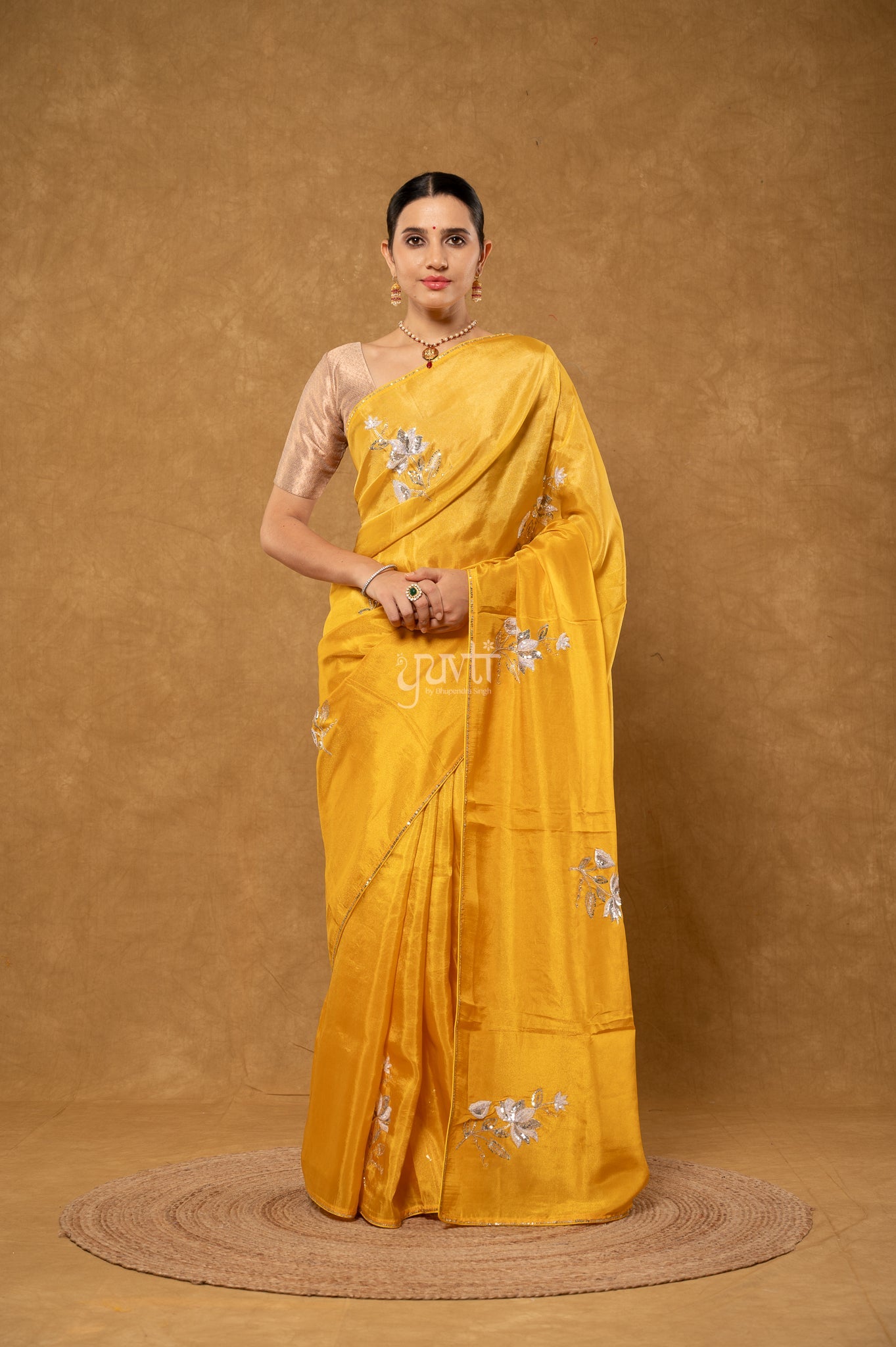 Yellow Shaded Viscose Tissue Aari Sequins Kardana Motifs ( Butti ) Handwork Party wear Saree