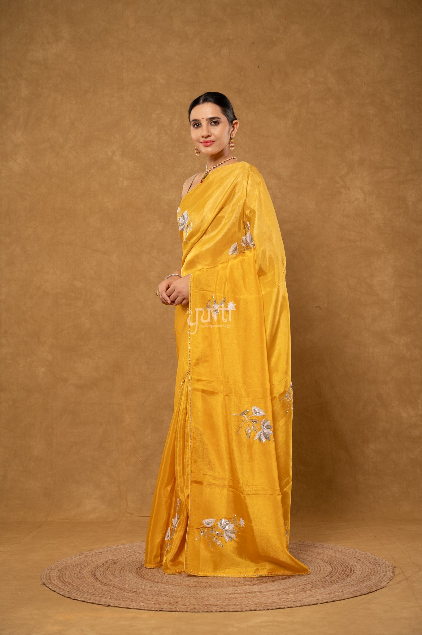 Yellow Shaded Viscose Tissue Aari Sequins Kardana Motifs ( Butti ) Handwork Party wear Saree