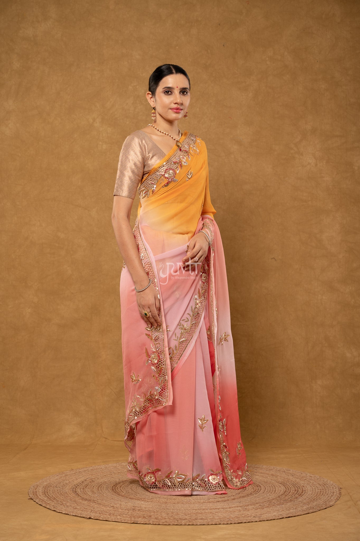 Gajri Yellow Shaded Pure Chiffon Aari Sequins Zardozi Cutwork Border Butti Handwork Party wear Saree