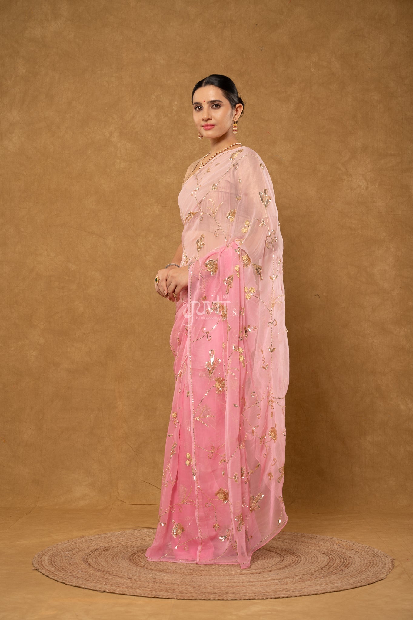 Peach Pink Viscose Chiffon Aari Sequins Jaal Handwork Party wear Saree