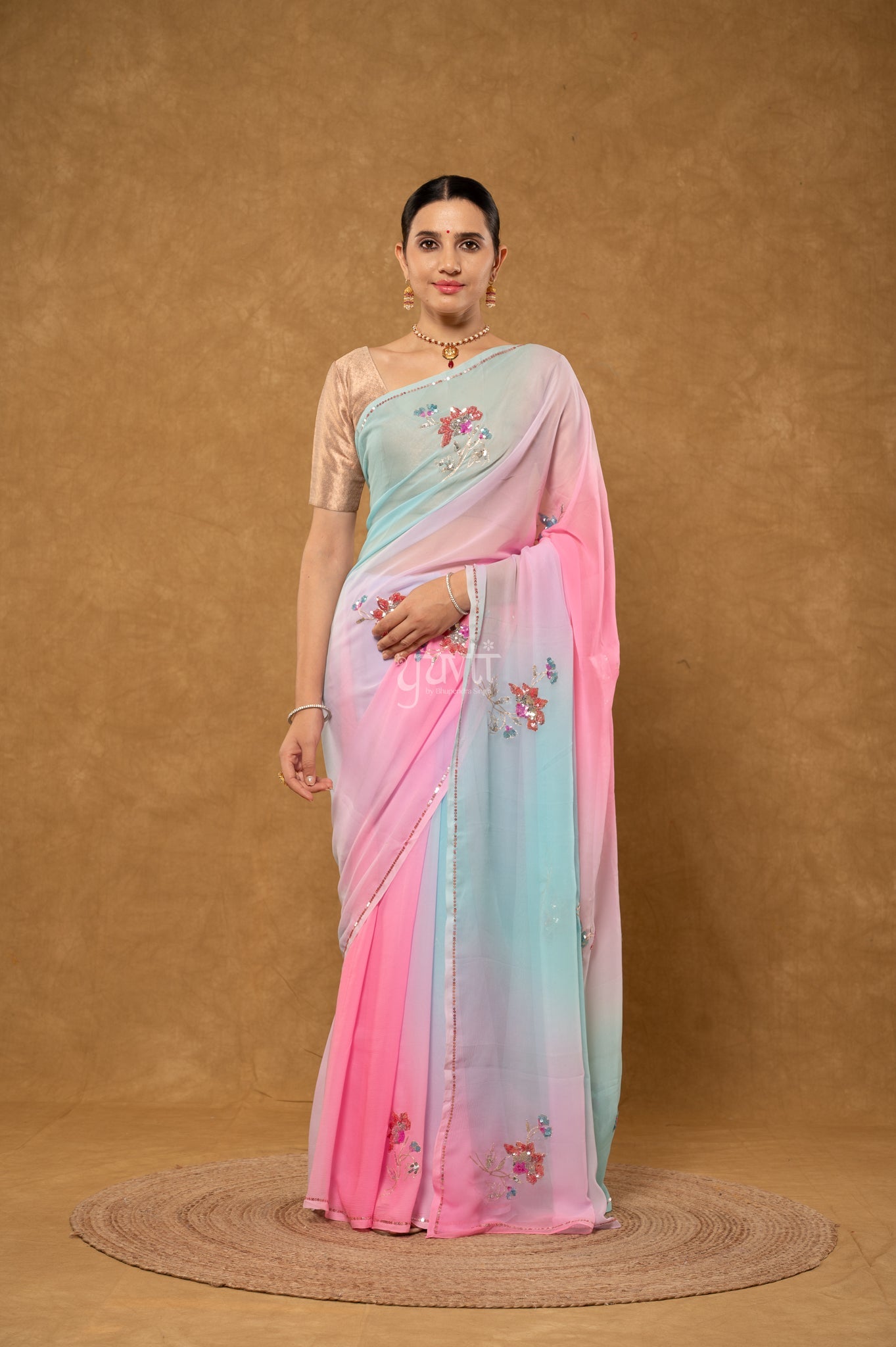 Pink Sky Shaded Viscose Chiffon Aari Sequins Motifs ( Butti ) handwork Party Saree