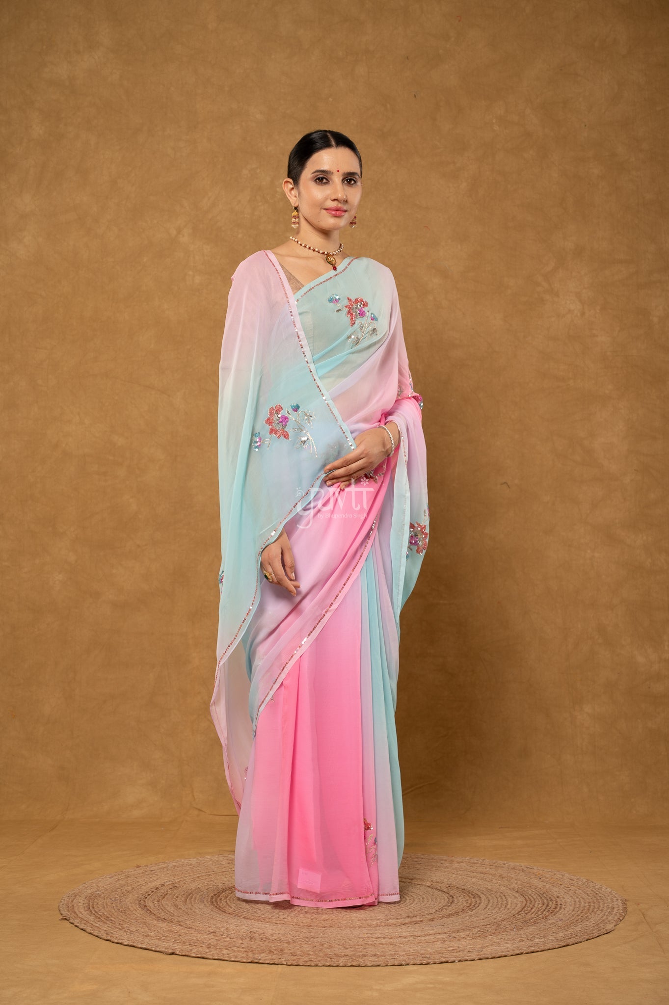 Pink Sky Shaded Viscose Chiffon Aari Sequins Motifs ( Butti ) handwork Party Saree