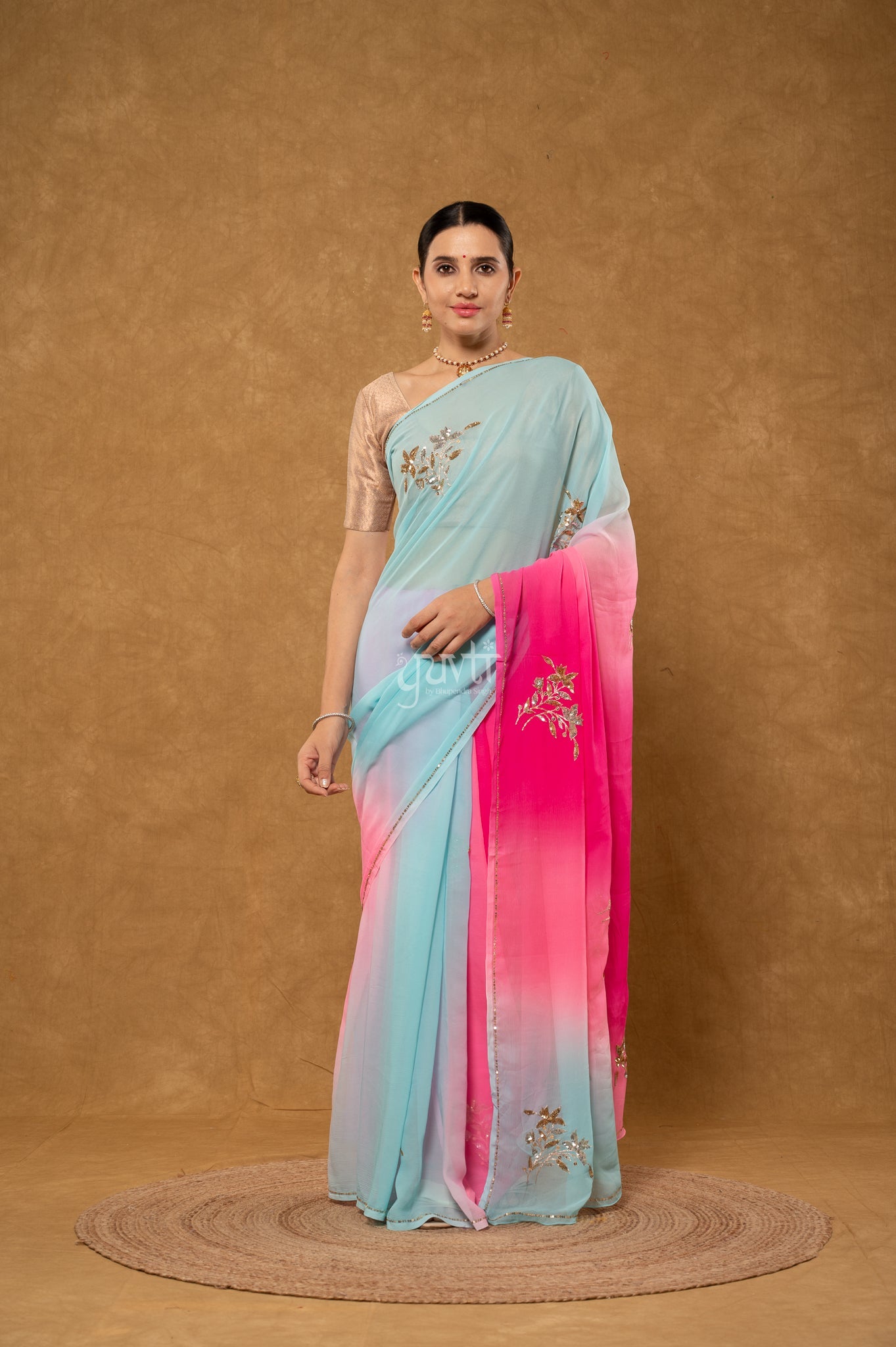 Sky Blue Pink Rani Shaded Pure Chiffon Aari Sequins Motifs ( Butti ) Handwork Party wear Saree