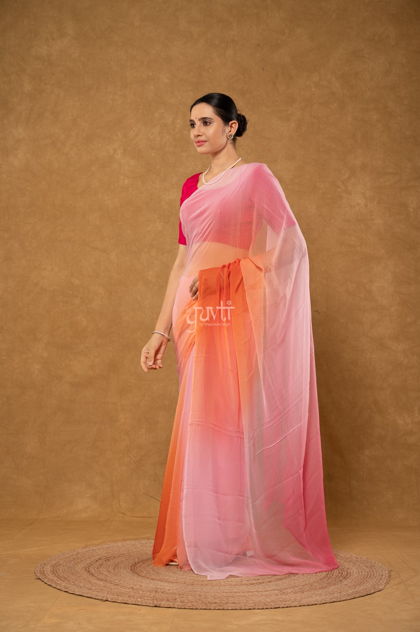 Peach Orange Pink Shaded Viscose Chiffon Hand-Dye Saree with Blouse
