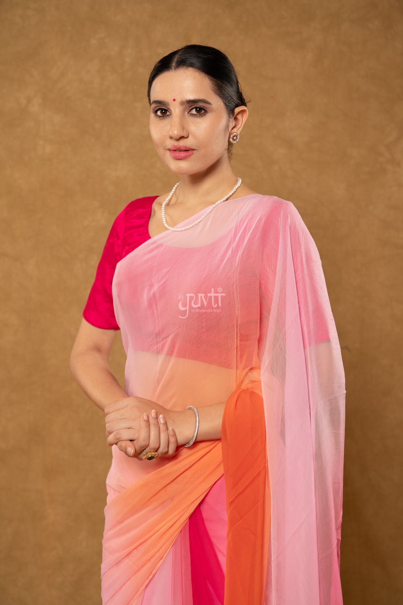 Peach Orange Pink Shaded Viscose Chiffon Hand-Dye Saree with Blouse