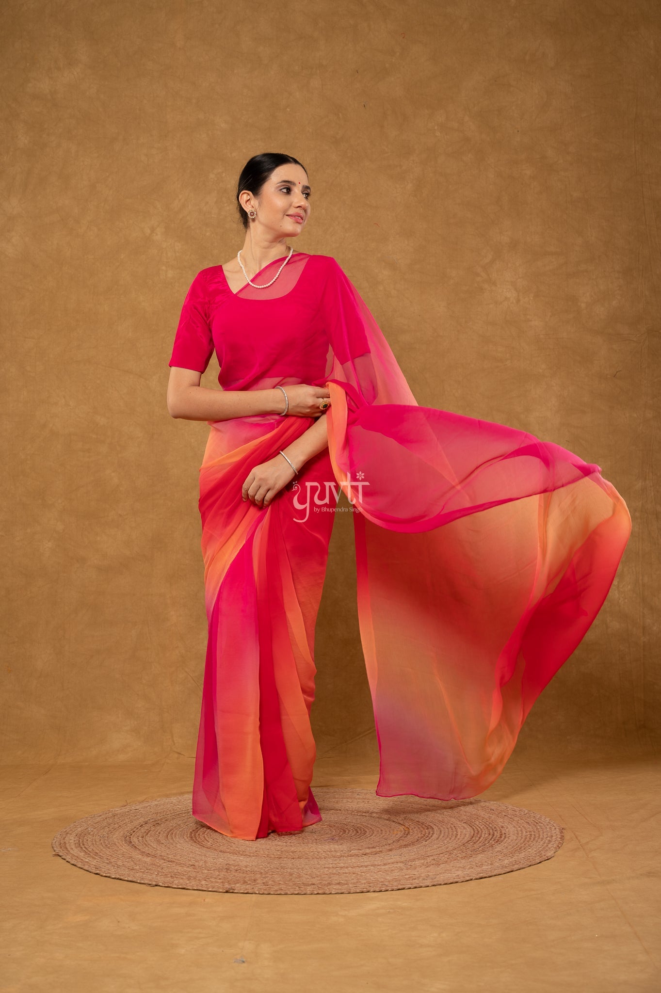 Red Peach Rani Shaded Viscose Chiffon Hand-Dye Saree with Blouse
