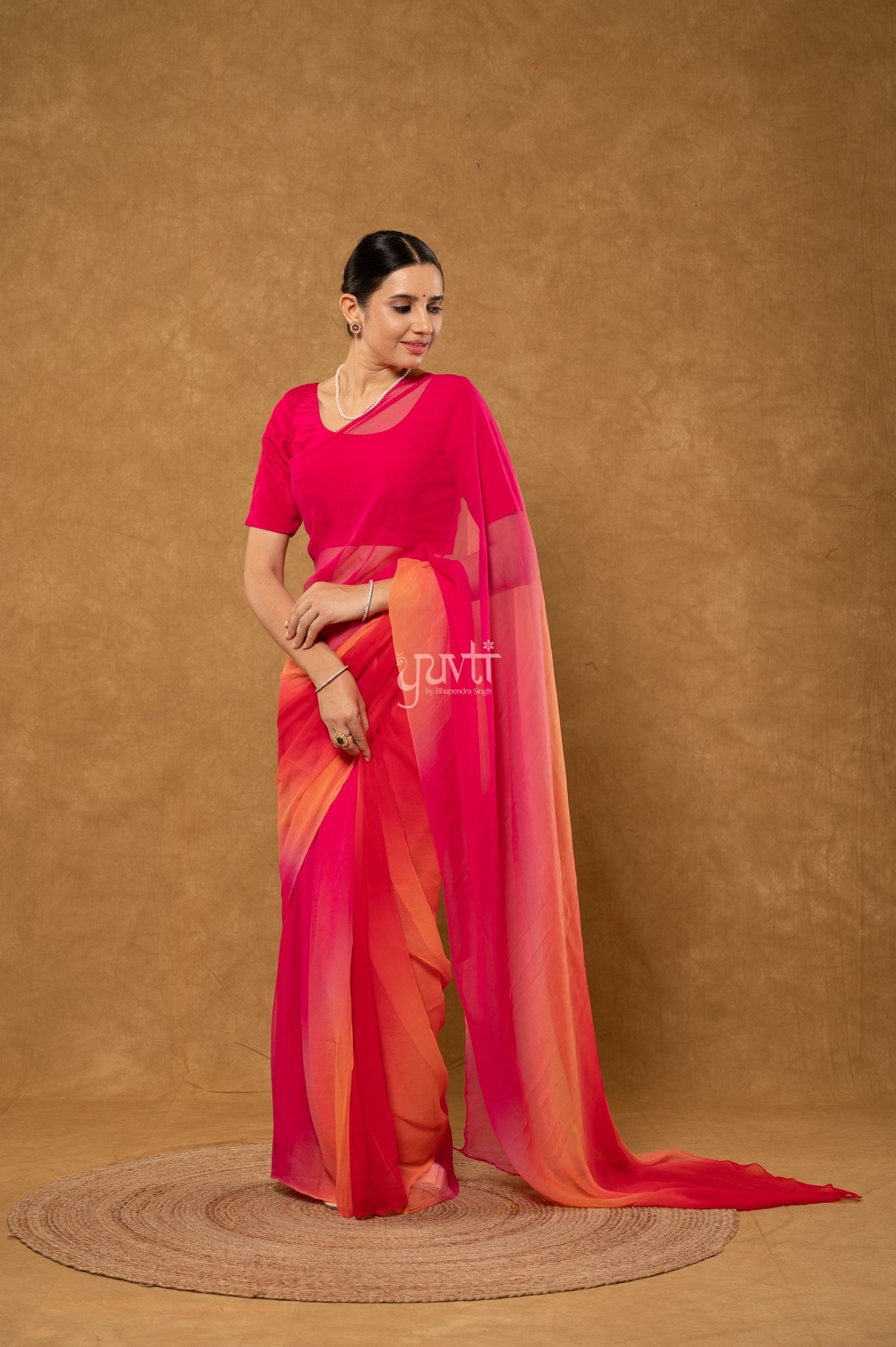 Red Peach Rani Shaded Viscose Chiffon Hand-Dye Saree with Blouse