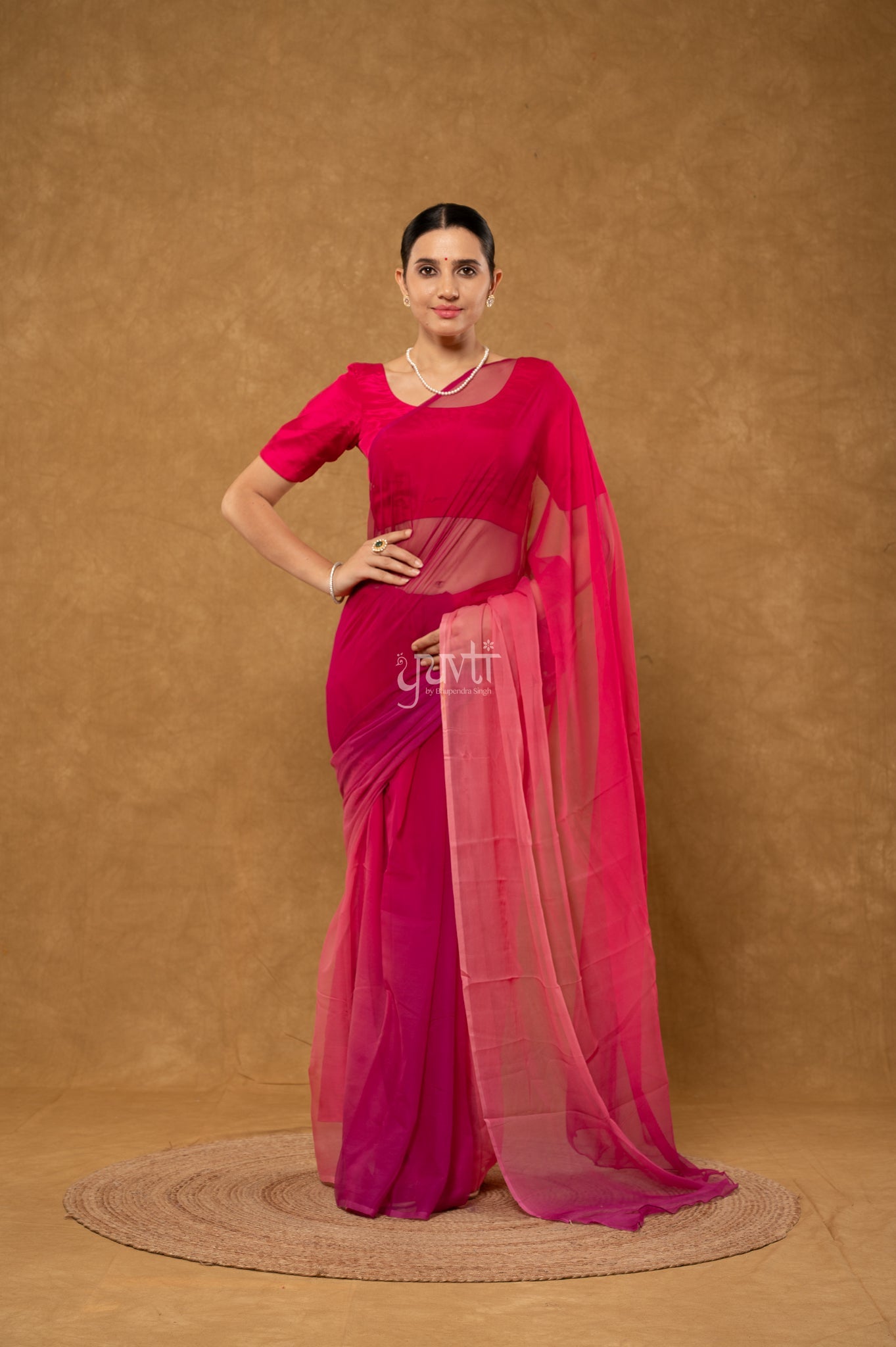 Wine Gajri Peach Shaded Pure Georgette Hand-Dye Saree