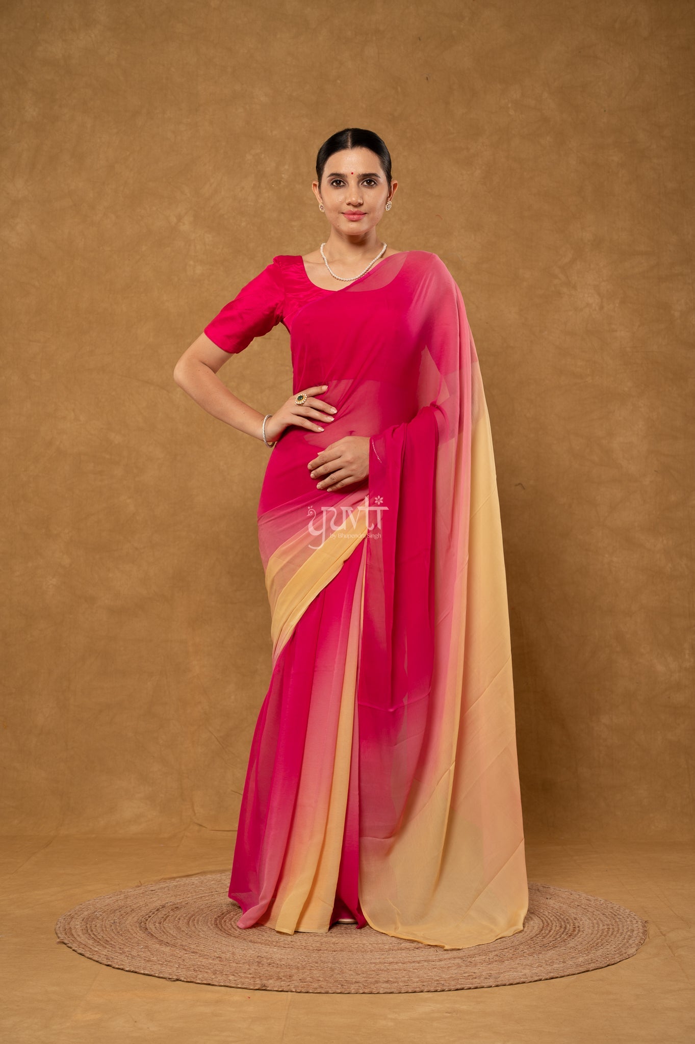 Wine Rani Cream Shaded Pure Chiffon Hand-Dye Saree