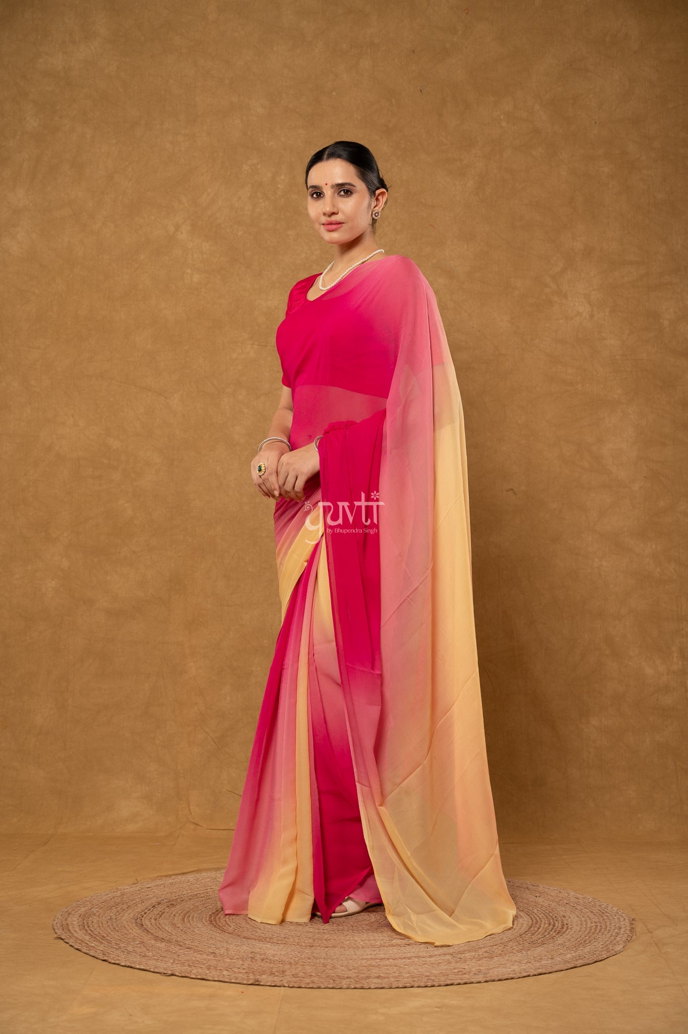 Wine Rani Cream Shaded Pure Chiffon Hand-Dye Saree