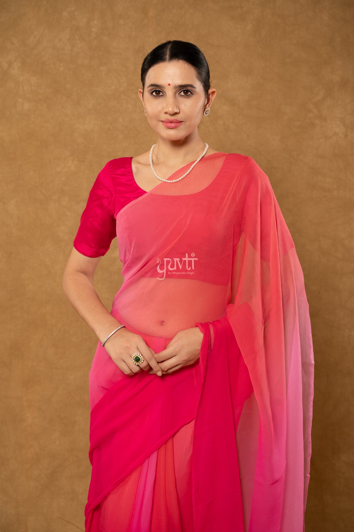 Rani Gajri Red Pink Multi Shaded Viscose Chiffon Hand-Dye Saree with Blouse