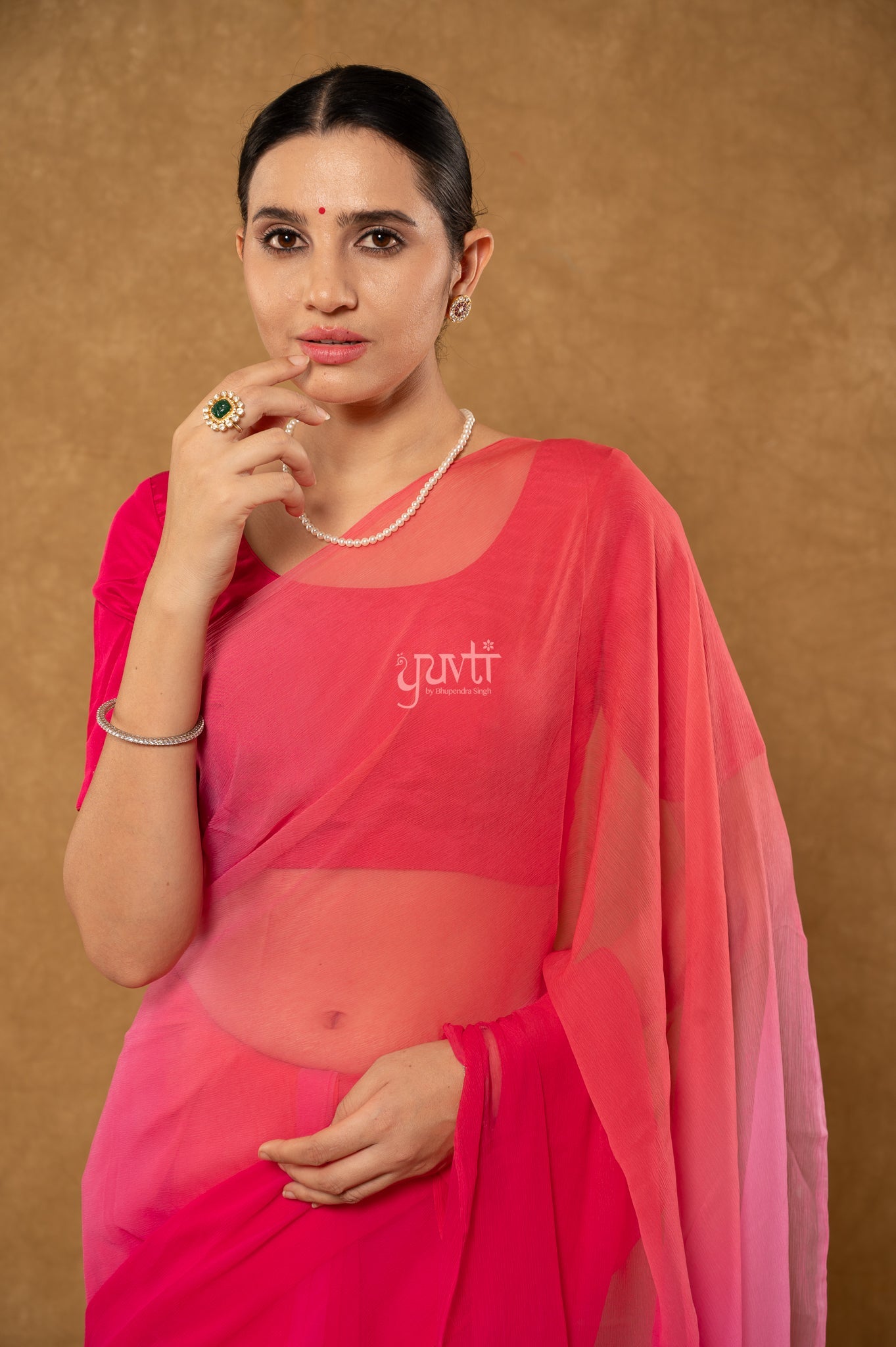 Rani Gajri Red Pink Multi Shaded Viscose Chiffon Hand-Dye Saree with Blouse