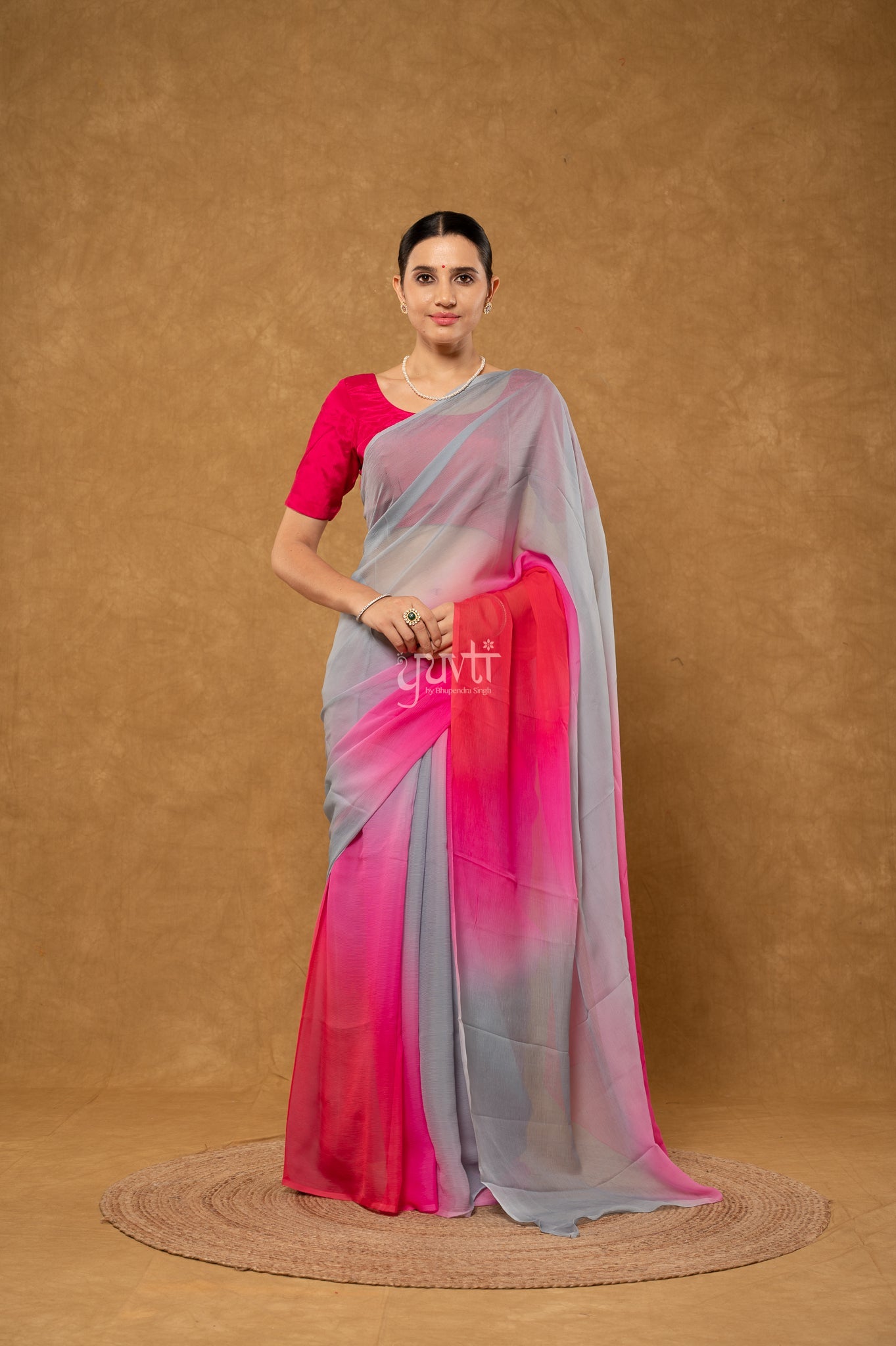 Grey Pink Red Shaded Pure Chiffon Hand-Dye Saree with Blouse