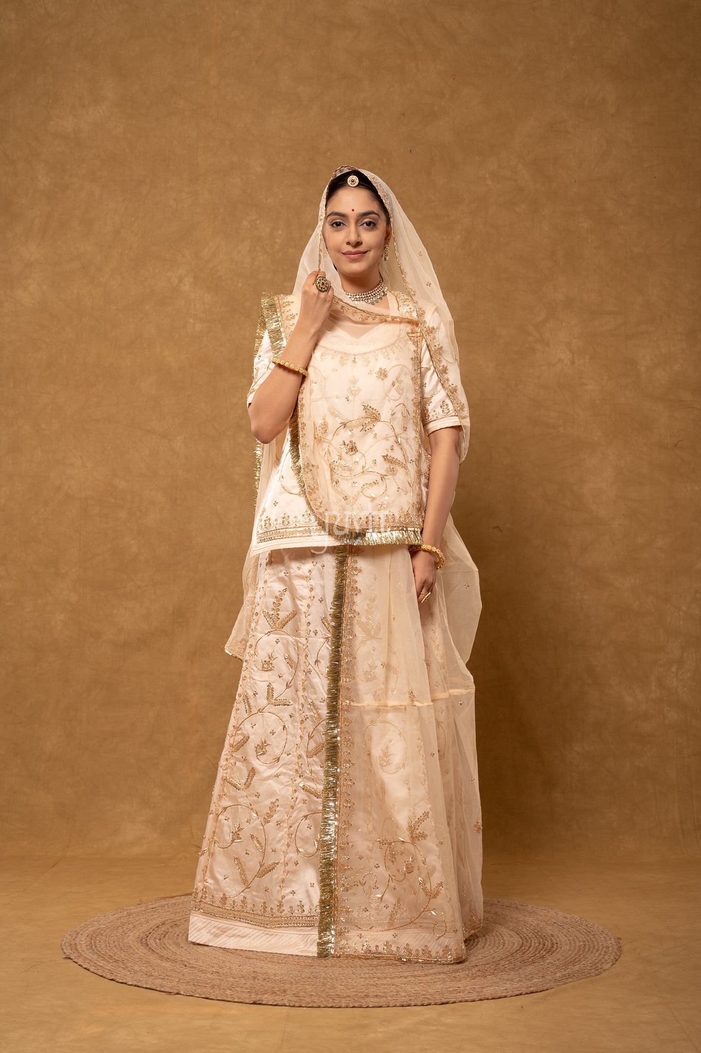 Cream Bamber Satin Zardozi Sequins Dabka Salma Handwork Poshak with Pure Odhana (unstitched)