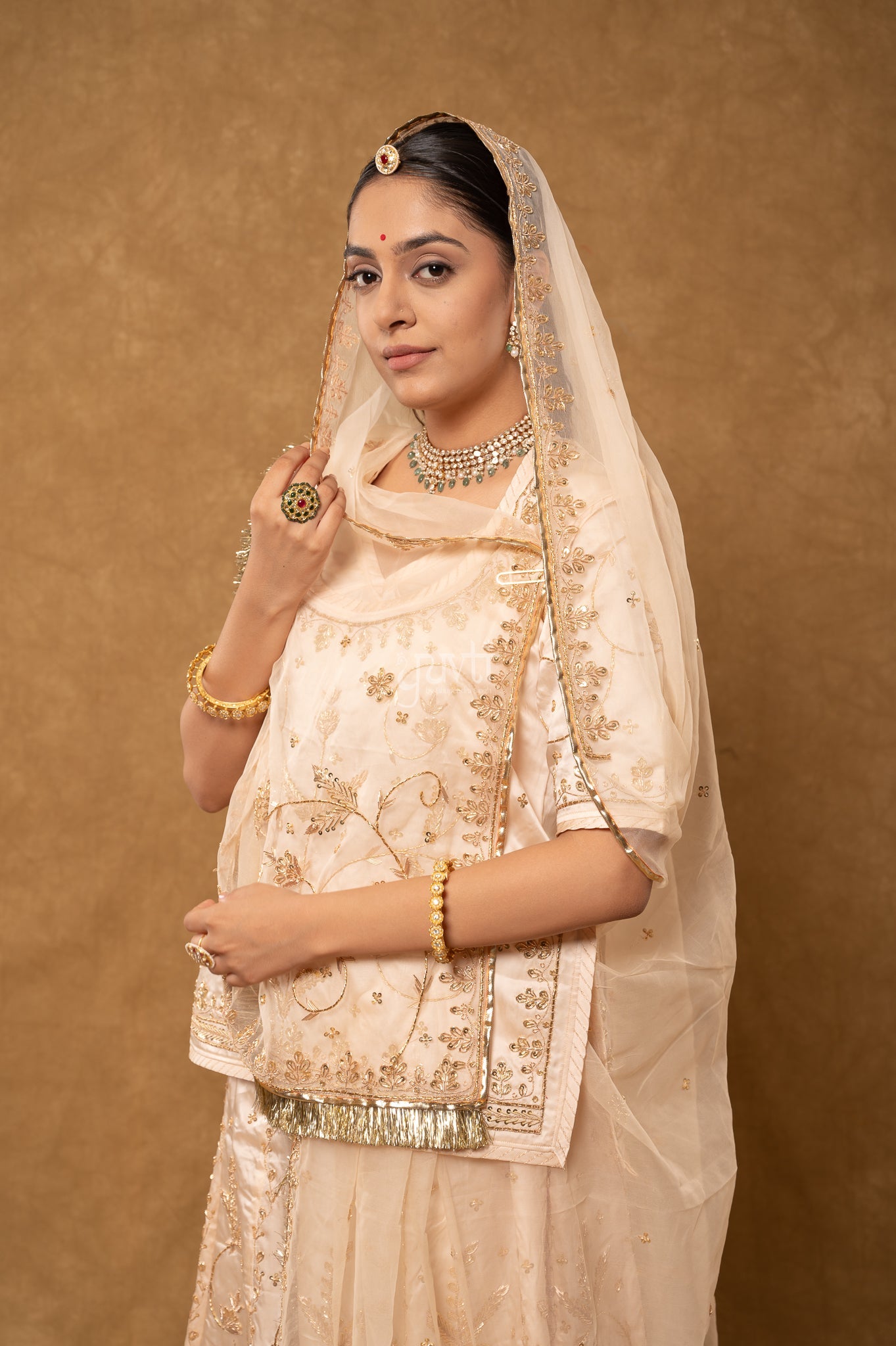 Cream Bamber Satin Zardozi Sequins Dabka Salma Handwork Poshak with Pure Odhana (unstitched)
