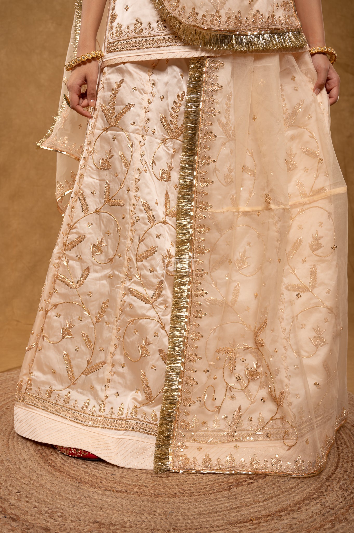 Cream Bamber Satin Zardozi Sequins Dabka Salma Handwork Poshak with Pure Odhana (unstitched)