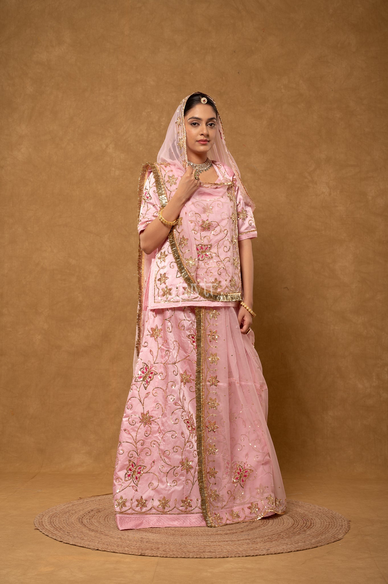 Baby Pink Bamber Satin Zardozi Sequins Handwork Poshak with Pure Odhana (unstitched)