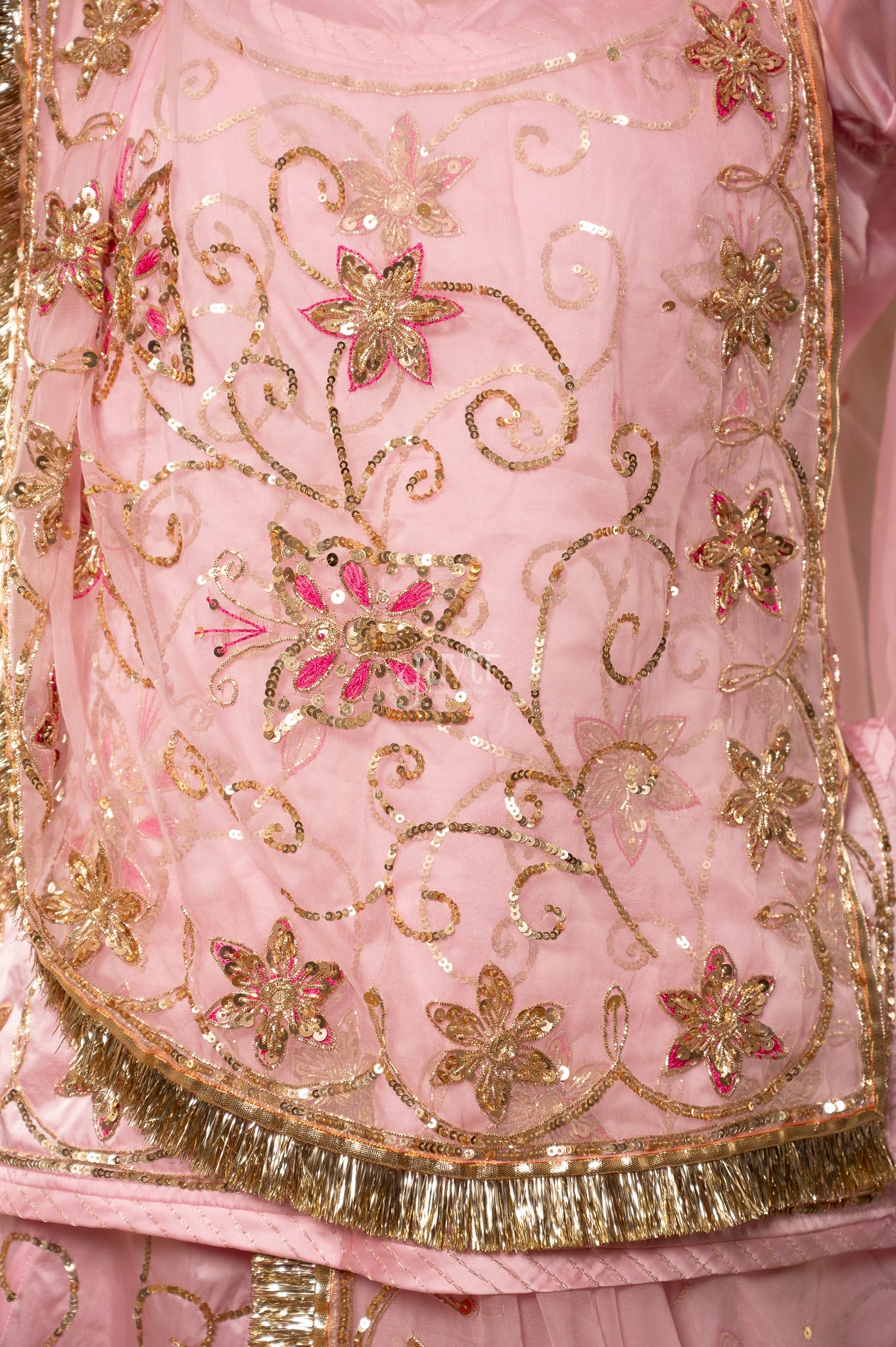 Baby Pink Bamber Satin Zardozi Sequins Handwork Poshak with Pure Odhana (unstitched)