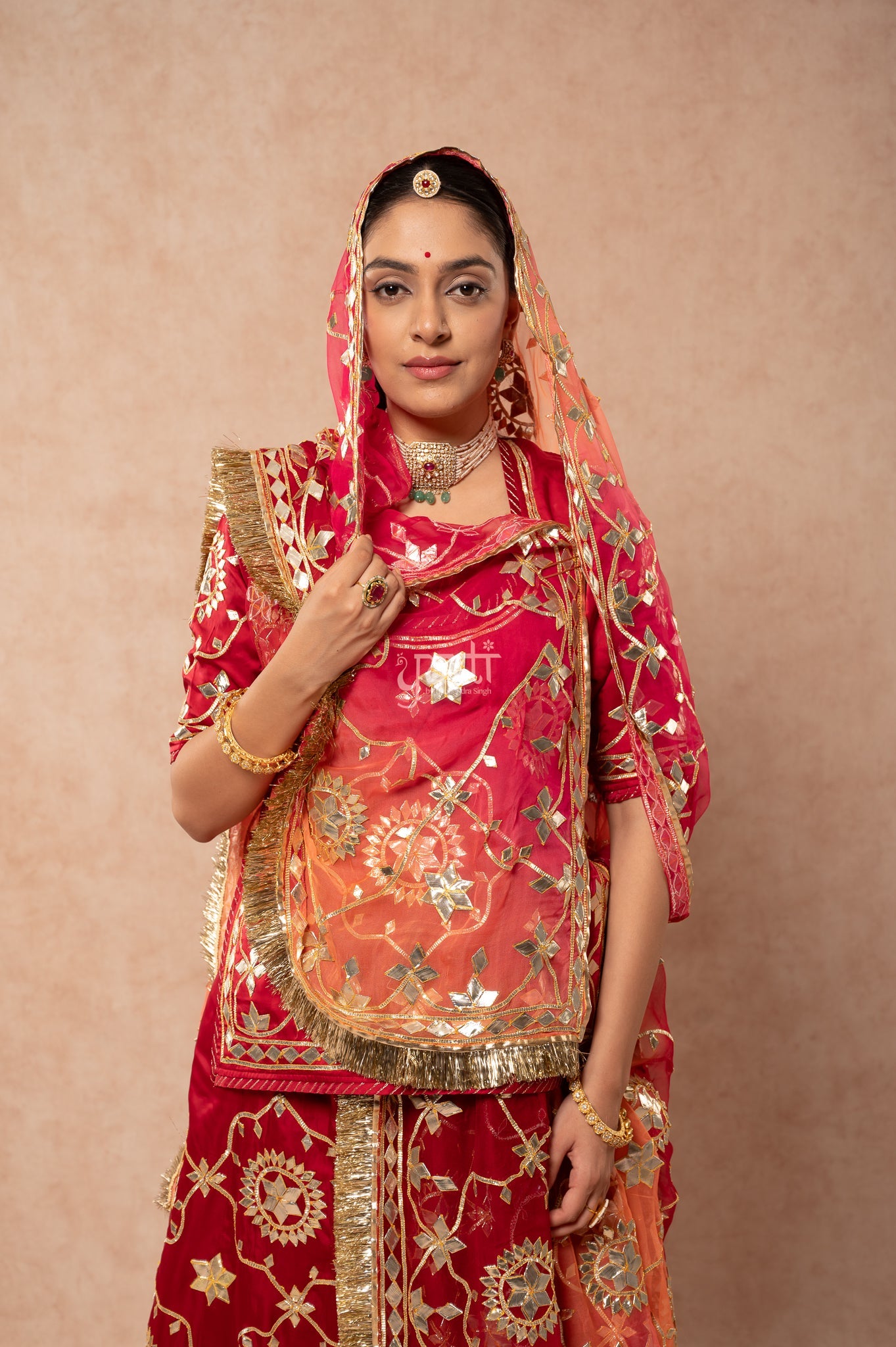 Maroon Bamber Satin Sikhiya Gotta work Poshak with Pure Multi Colour Odhana (unstitched)