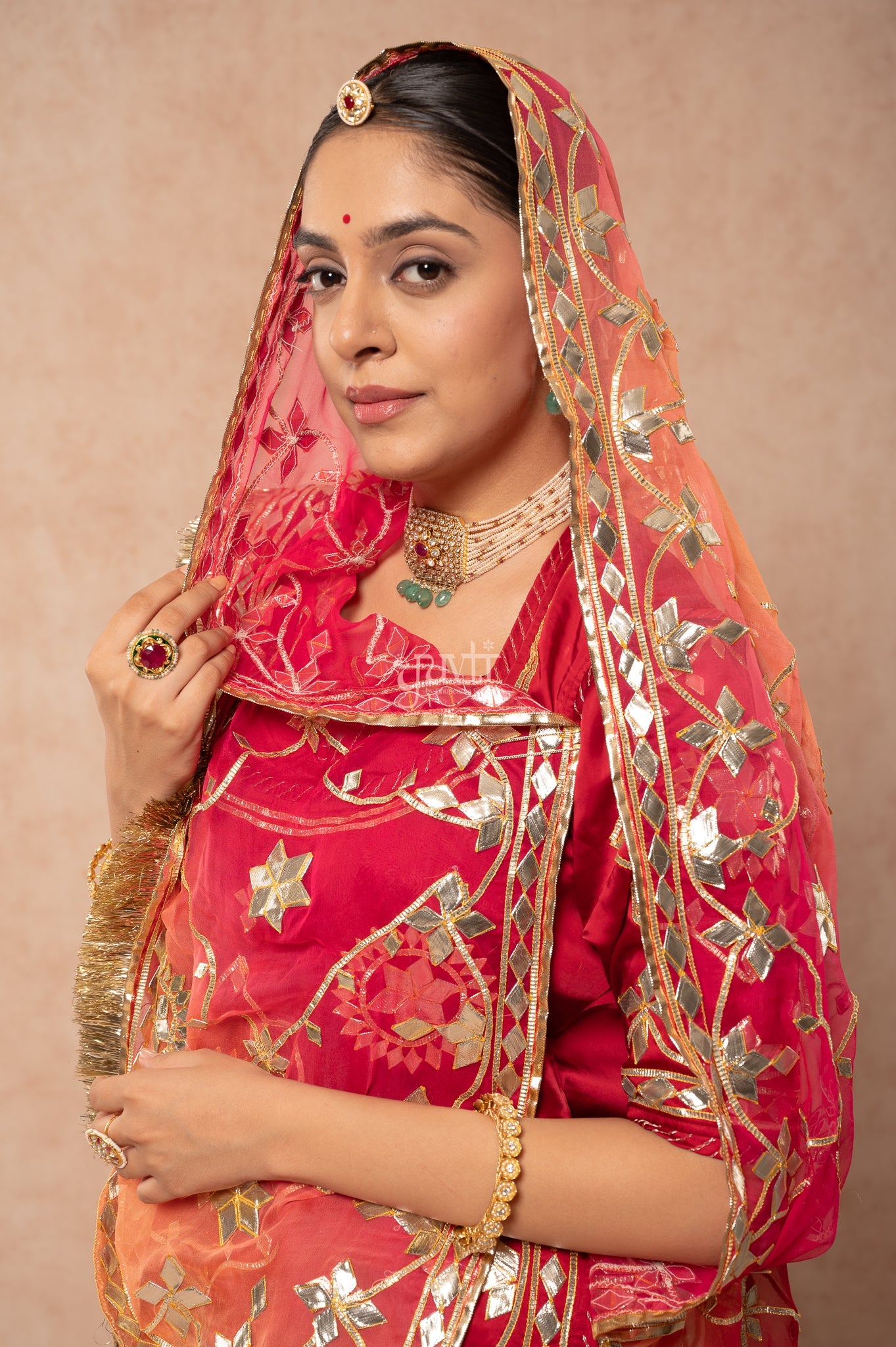 Maroon Bamber Satin Sikhiya Gotta work Poshak with Pure Multi Colour Odhana (unstitched)