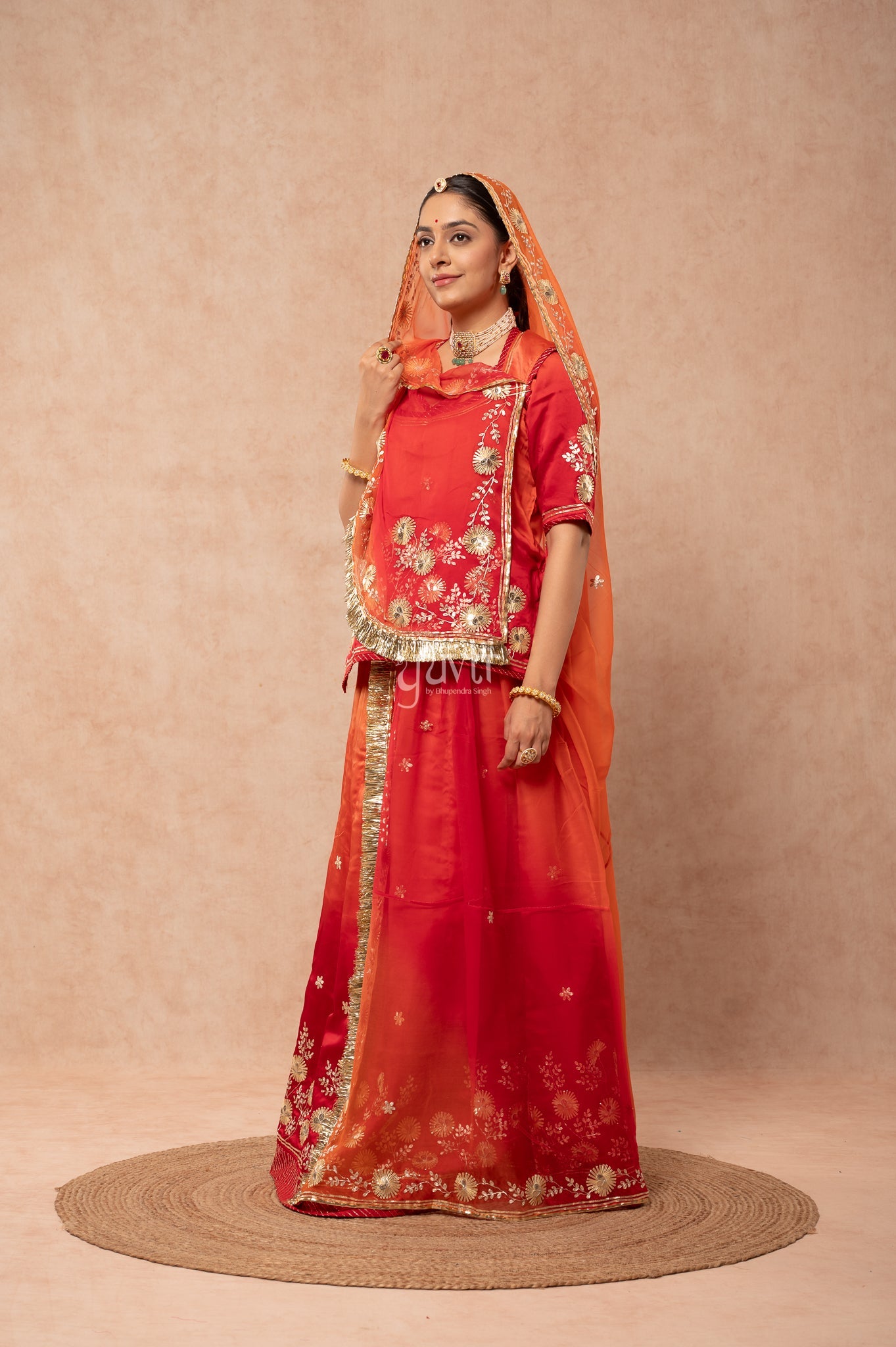 Red-Rust Orange Bamber Satin Sikhiya Gotta Pitan work Poshak with Pure Shaded Odhana (unstitched)