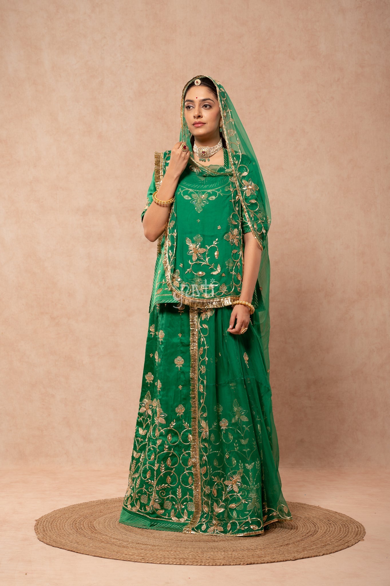 Green Bamber Satin Aari Zardozi Sequins Handwork Poshak with Pure Odhana (unstitched)
