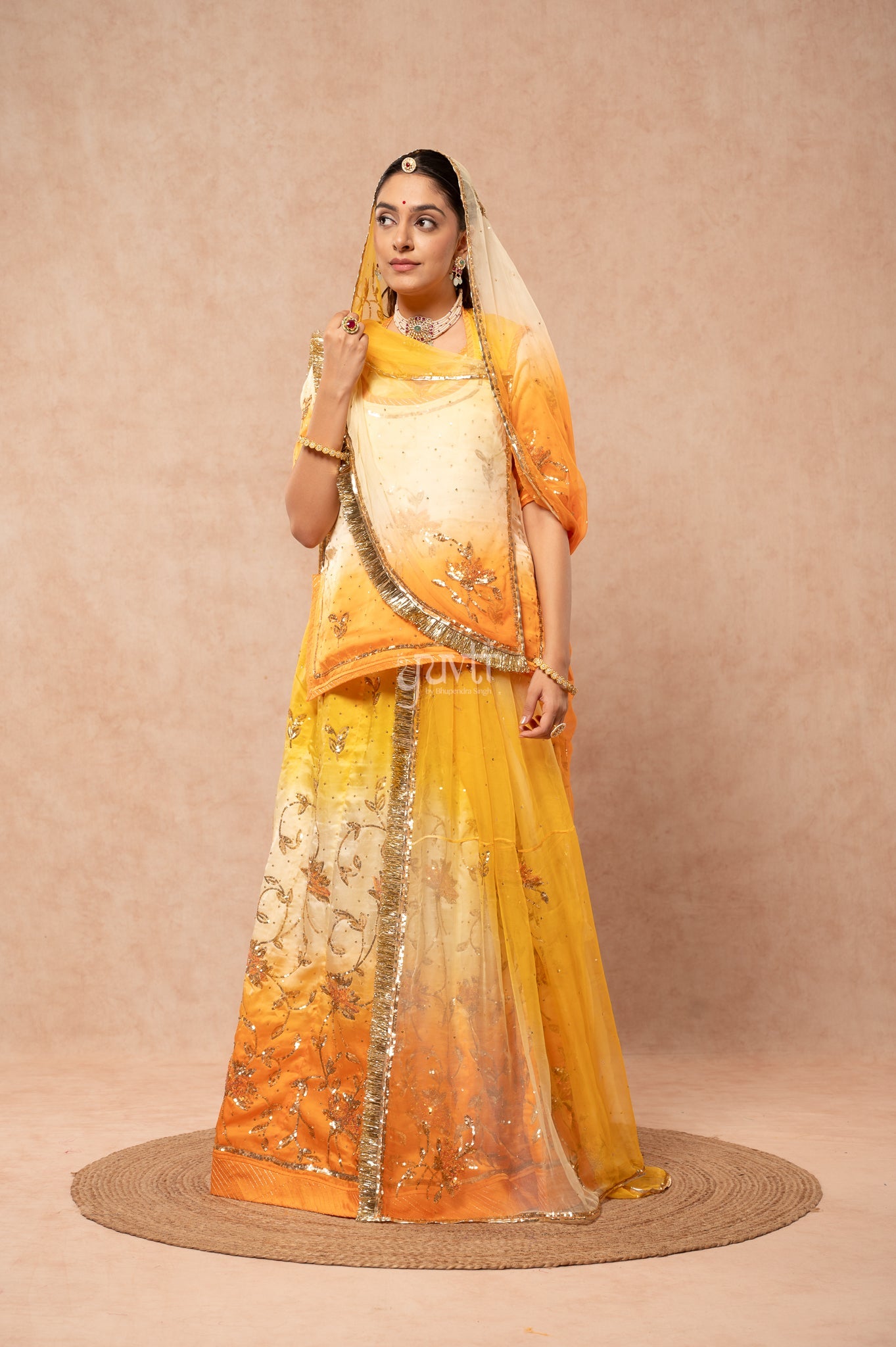 Yellow Peach Bamber Satin Sequins Handwork Poshak with Pure Multi Shaded Odhana (unstitched)