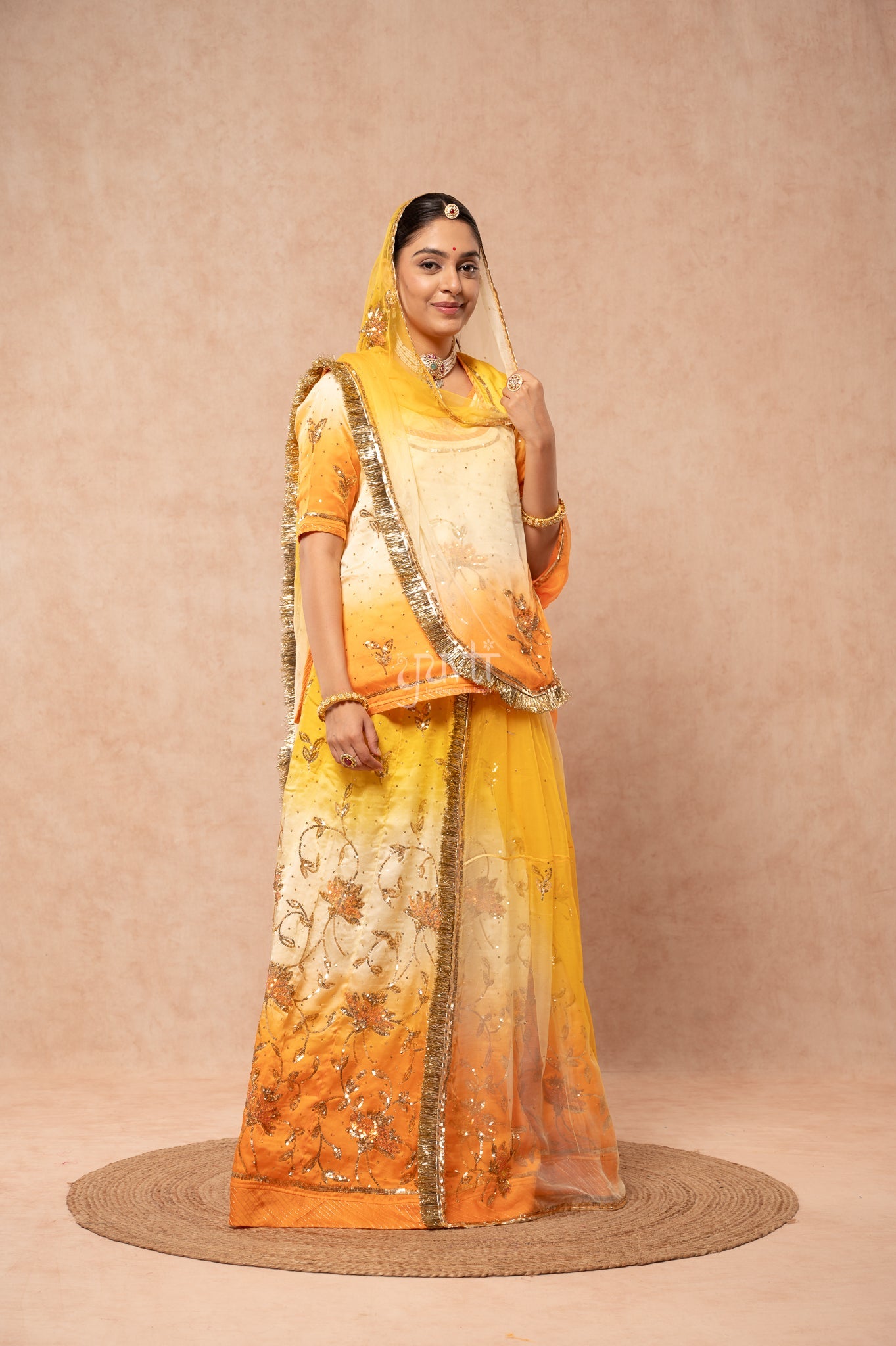 Yellow Peach Bamber Satin Sequins Handwork Poshak with Pure Multi Shaded Odhana (unstitched)