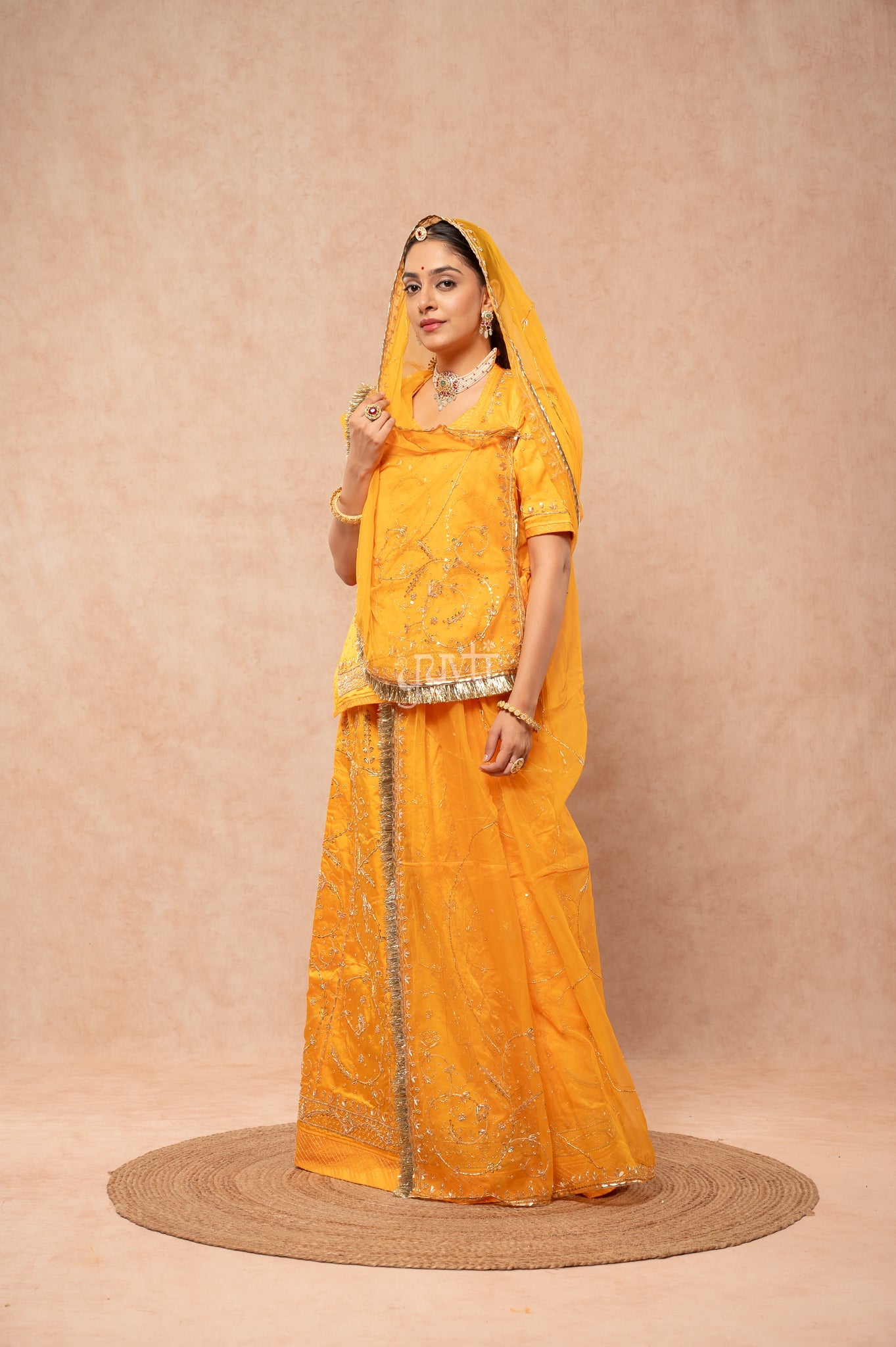 Yellow Bamber Satin Zardozi Sequins Handwork Poshak with Pure Odhana (unstitched)
