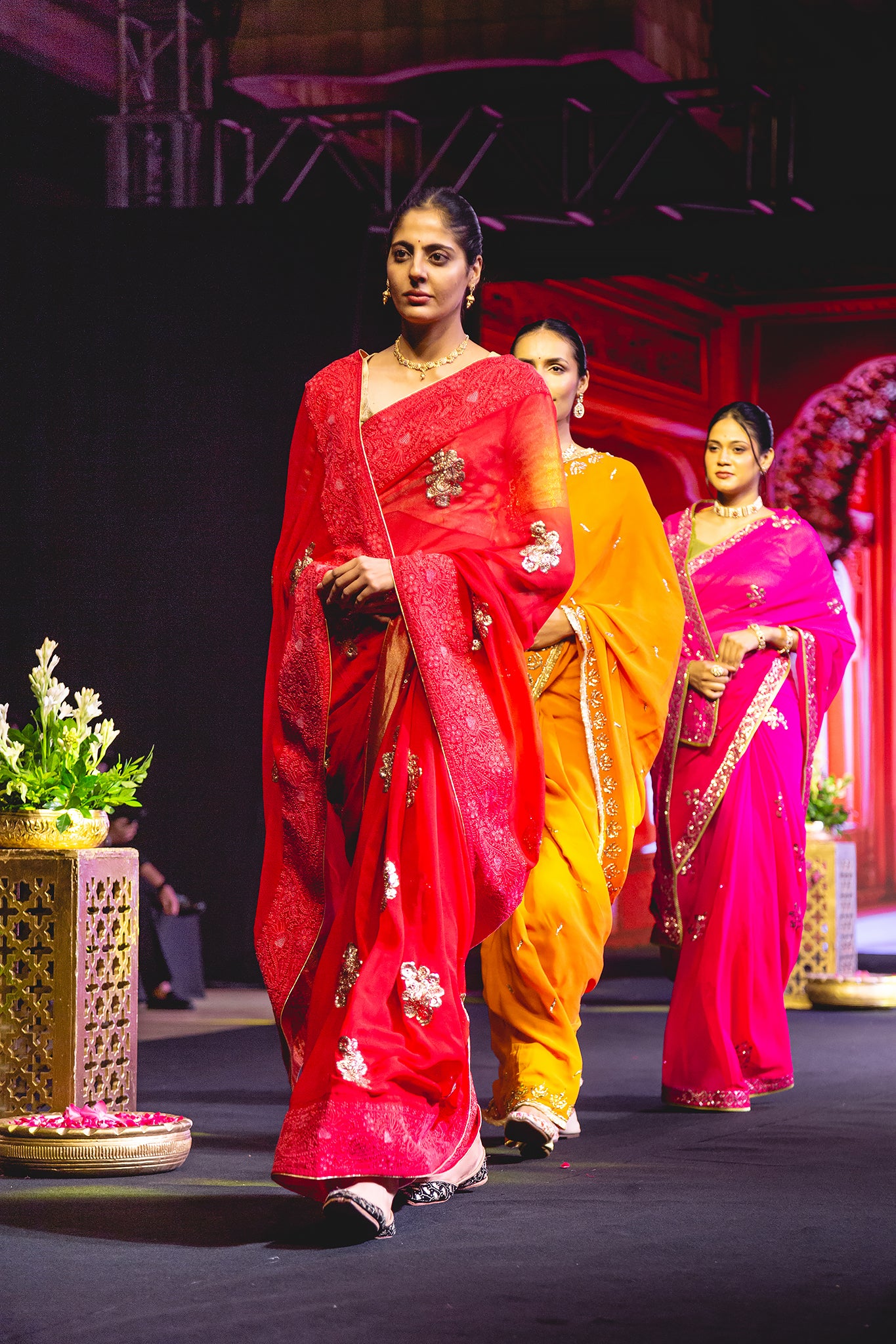 Red Pure Platinum Chiffon Mukaish Chikankari Shadow Handwork Saree
