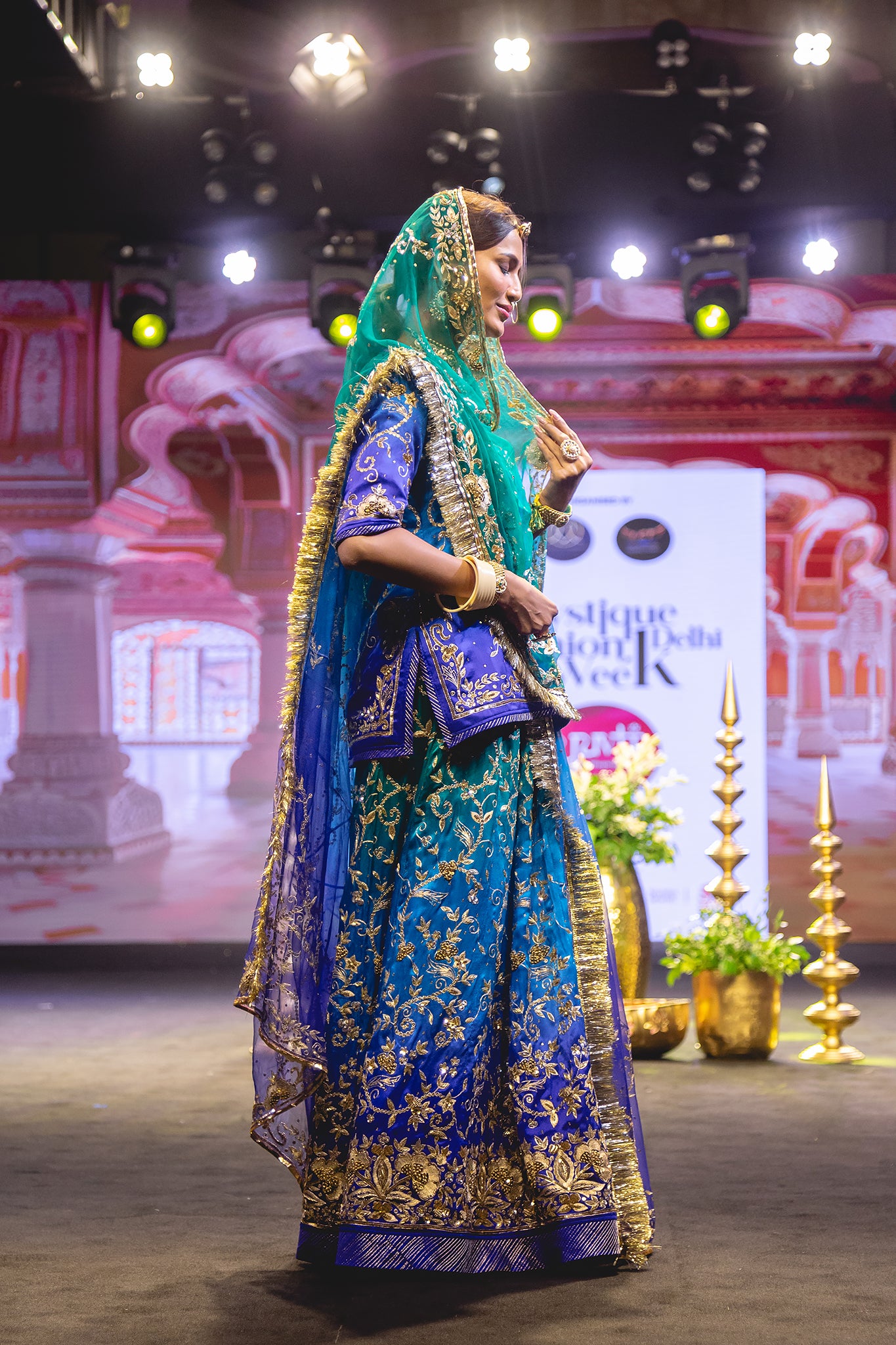 Peacock Shaded Pure Satin Aari Tari Zardozi Handwork Poshak With Pure Odhana (Unstitched)