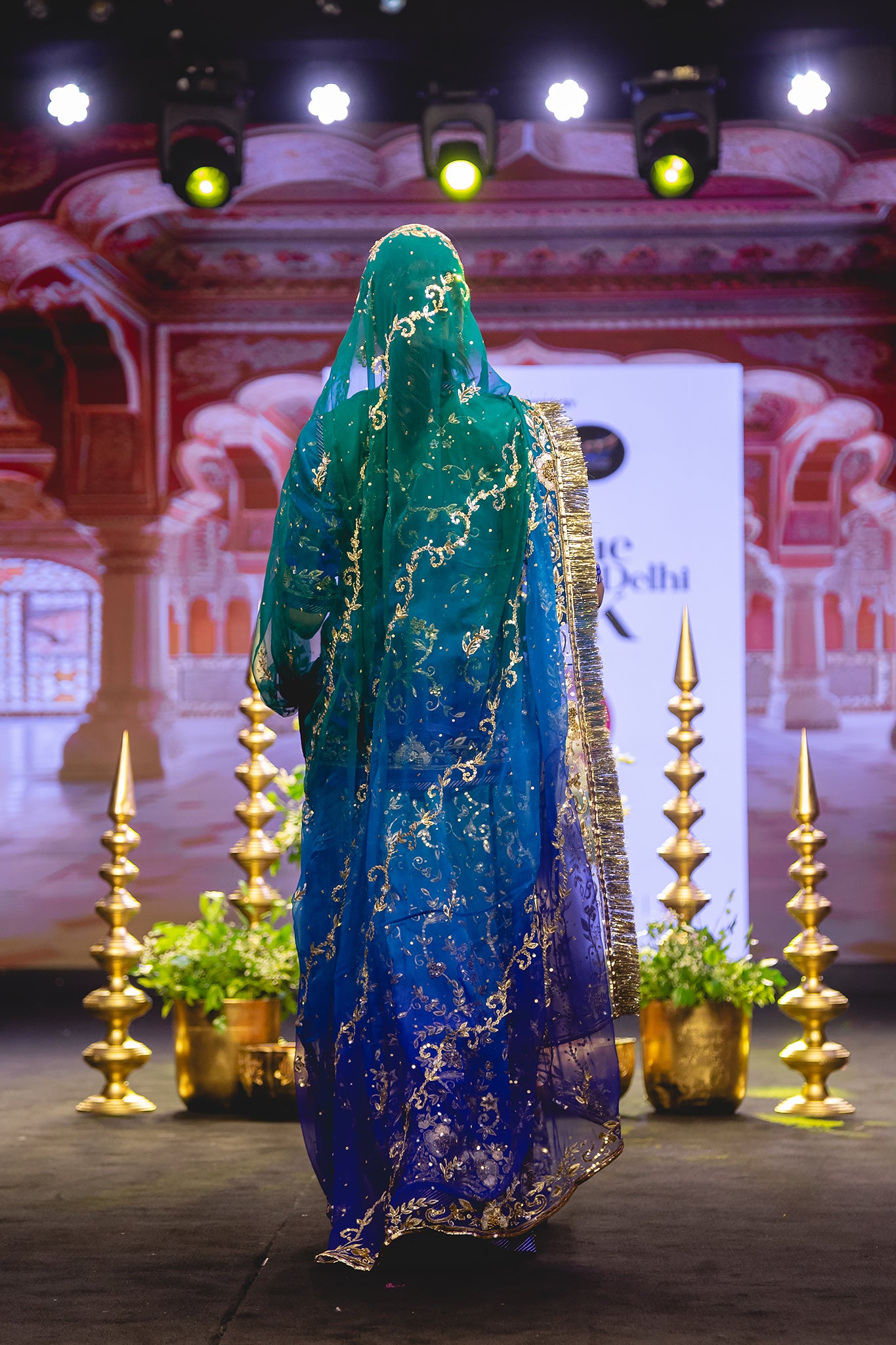 Peacock Shaded Pure Satin Aari Tari Zardozi Handwork Poshak With Pure Odhana (Unstitched)