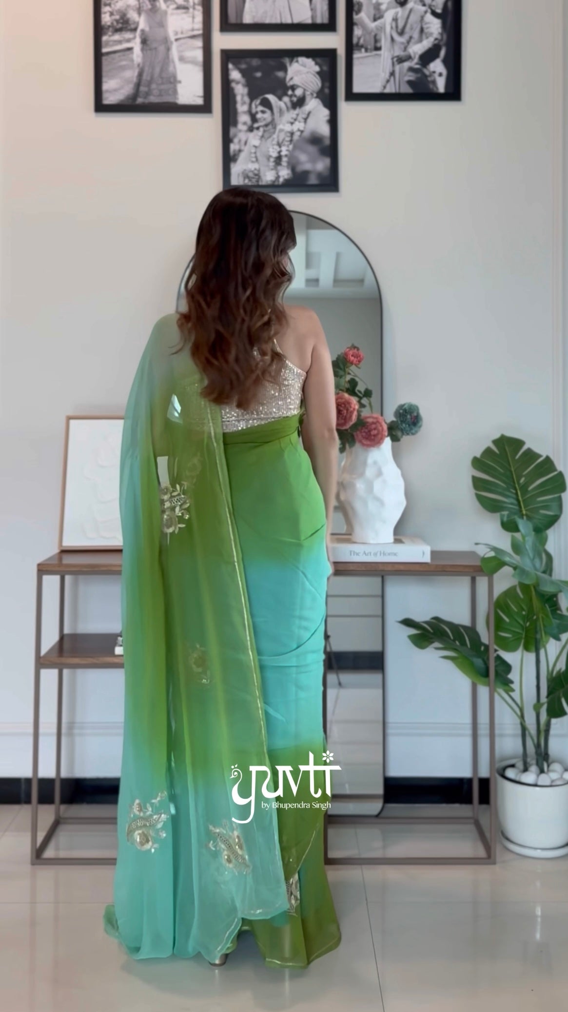 Green Blue Shaded Colour Visocse Chiffon Aari Tari Sequins Cutwork Saree