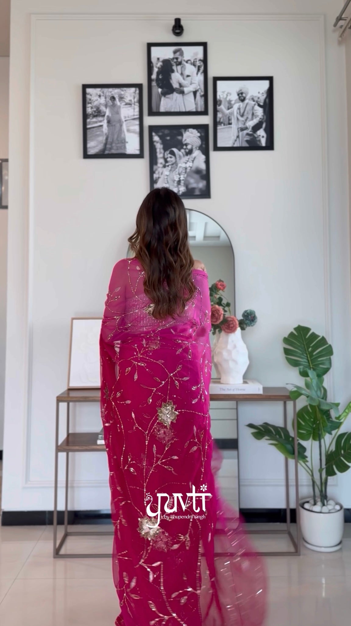 Rani Shaded Colour Viscose Chiffon Aari Tari Jaal Work Saree