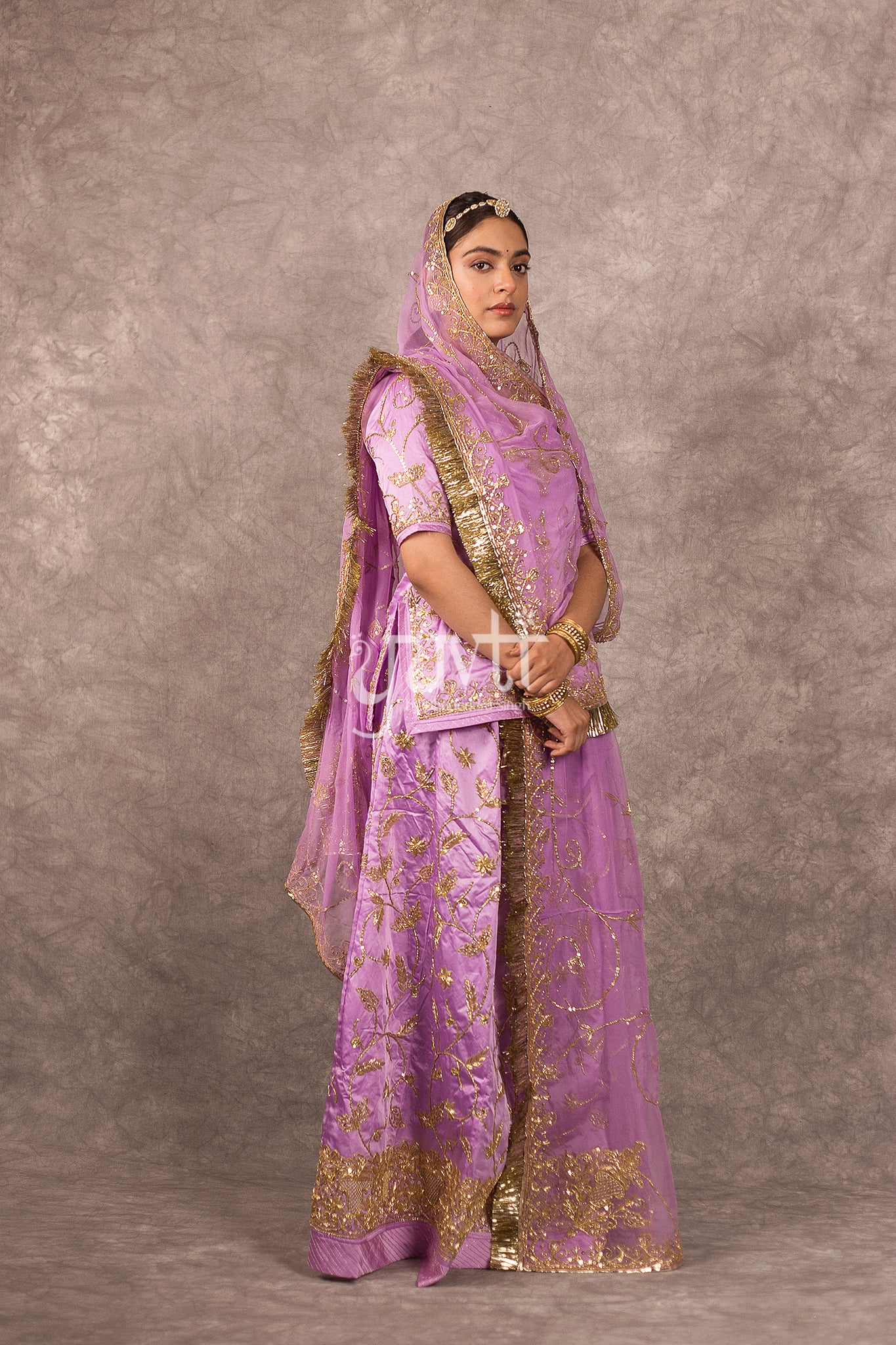 Lavender bamber satin Zardosi Dori Dabka Handwork Rajputi Poshak with Pure odhna