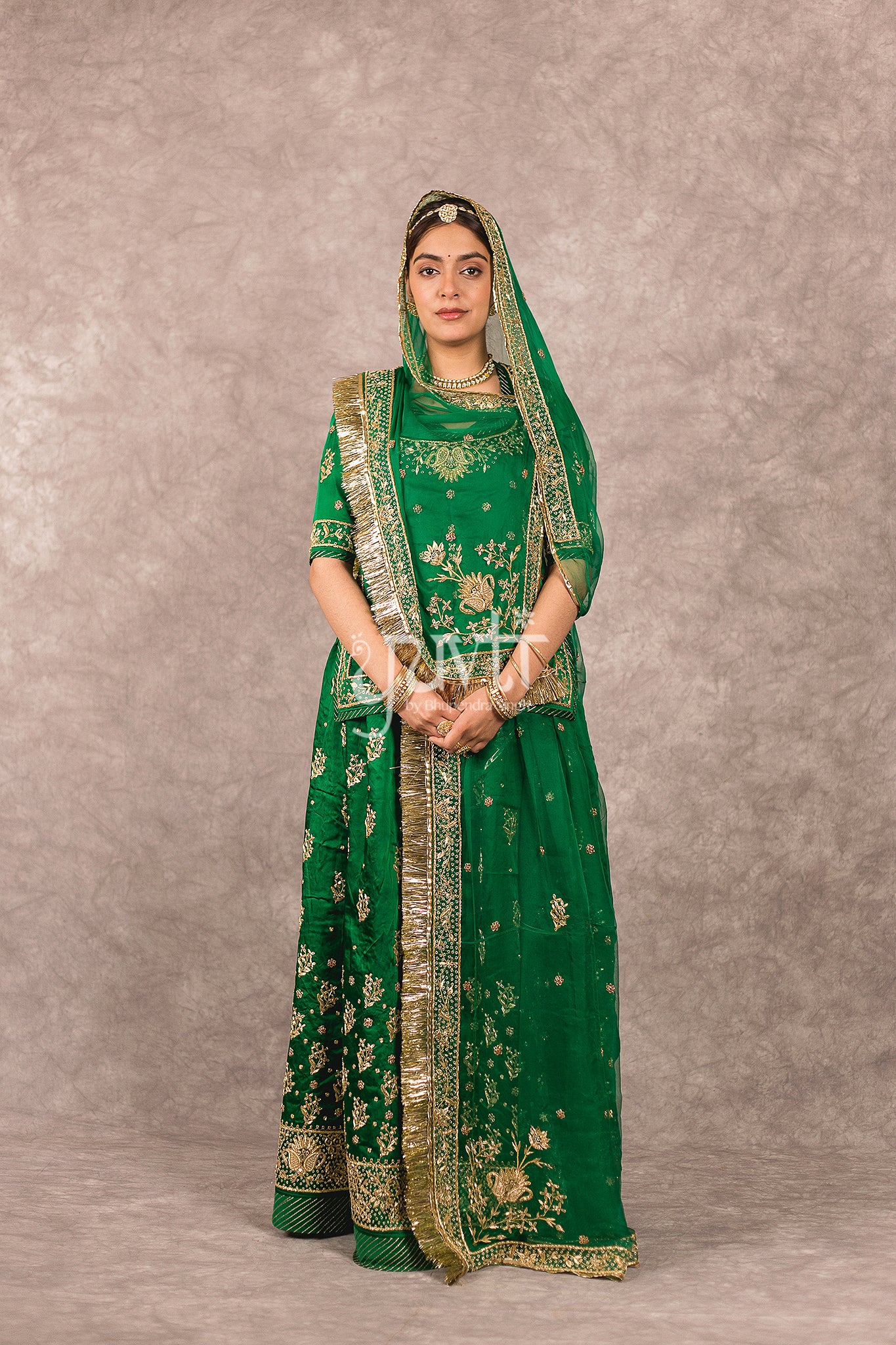 Bottle Green bamber satin Zardosi Handwork Rajputi Poshak with Pure odhna