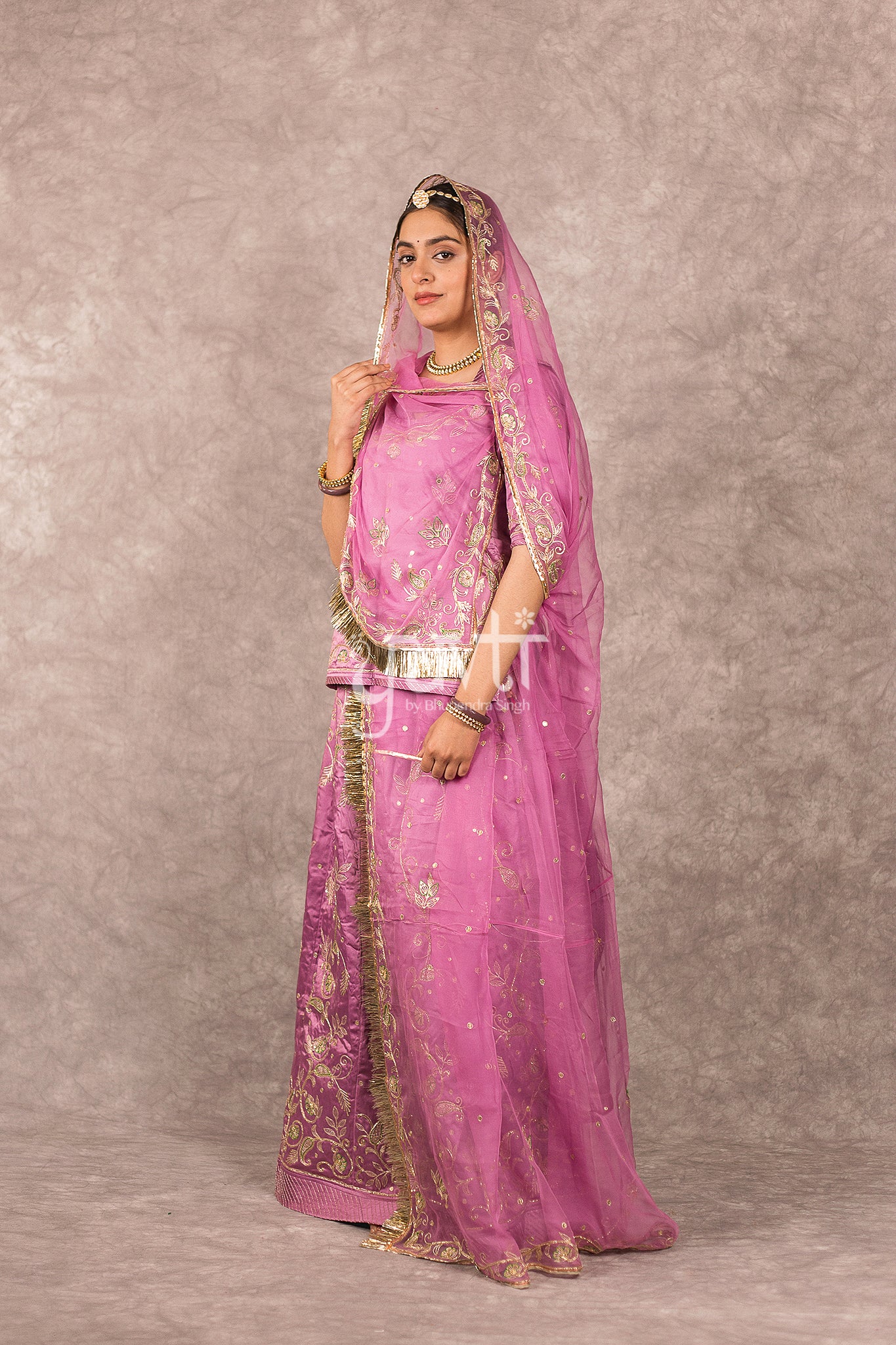 Lavender Bamber Satin Aari Salma Work Rajputi Poshak