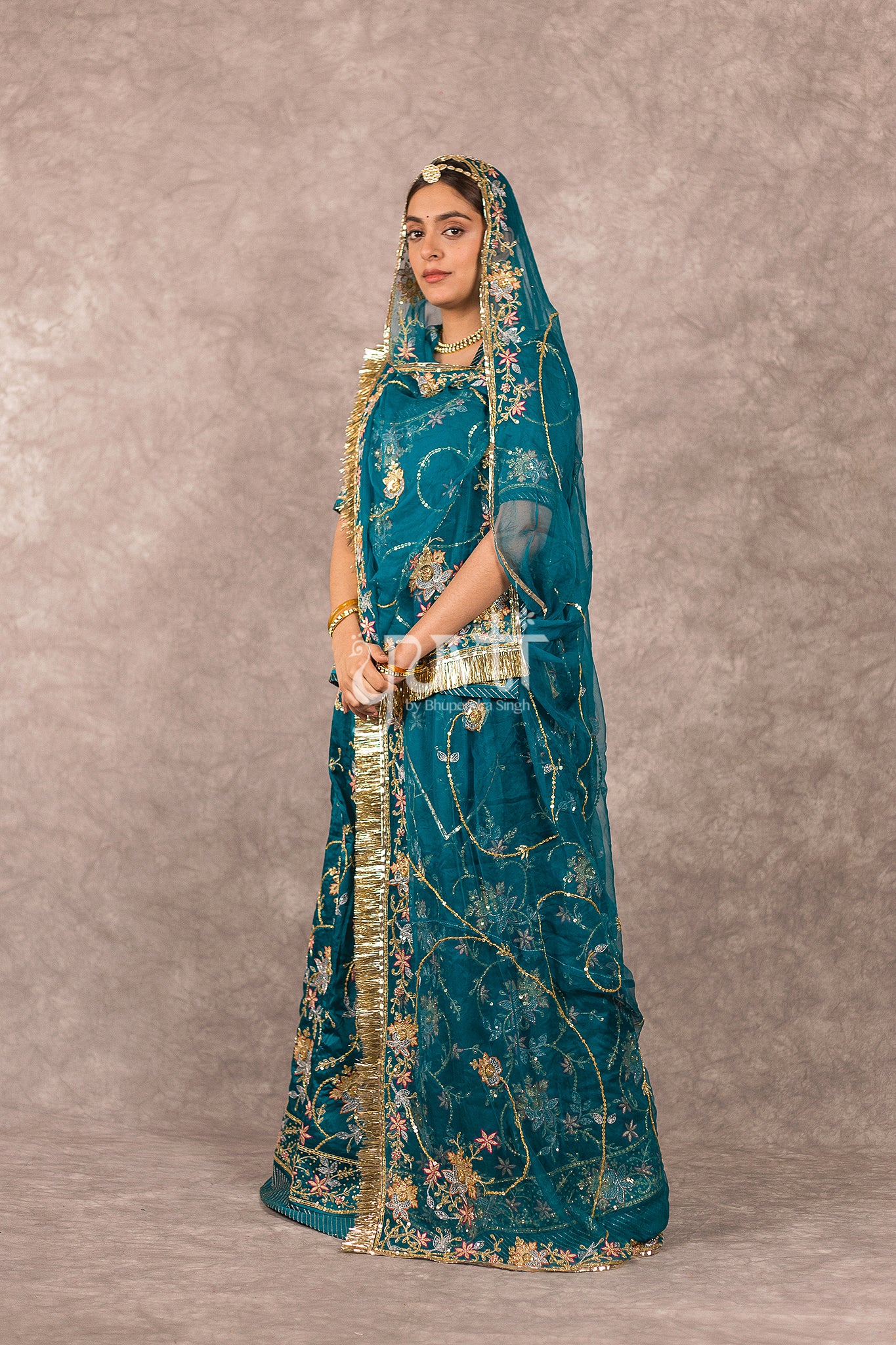 Rama Green bamber satin Aari Resham Sequins Handwork Rajputi Poshak with Pure odhna