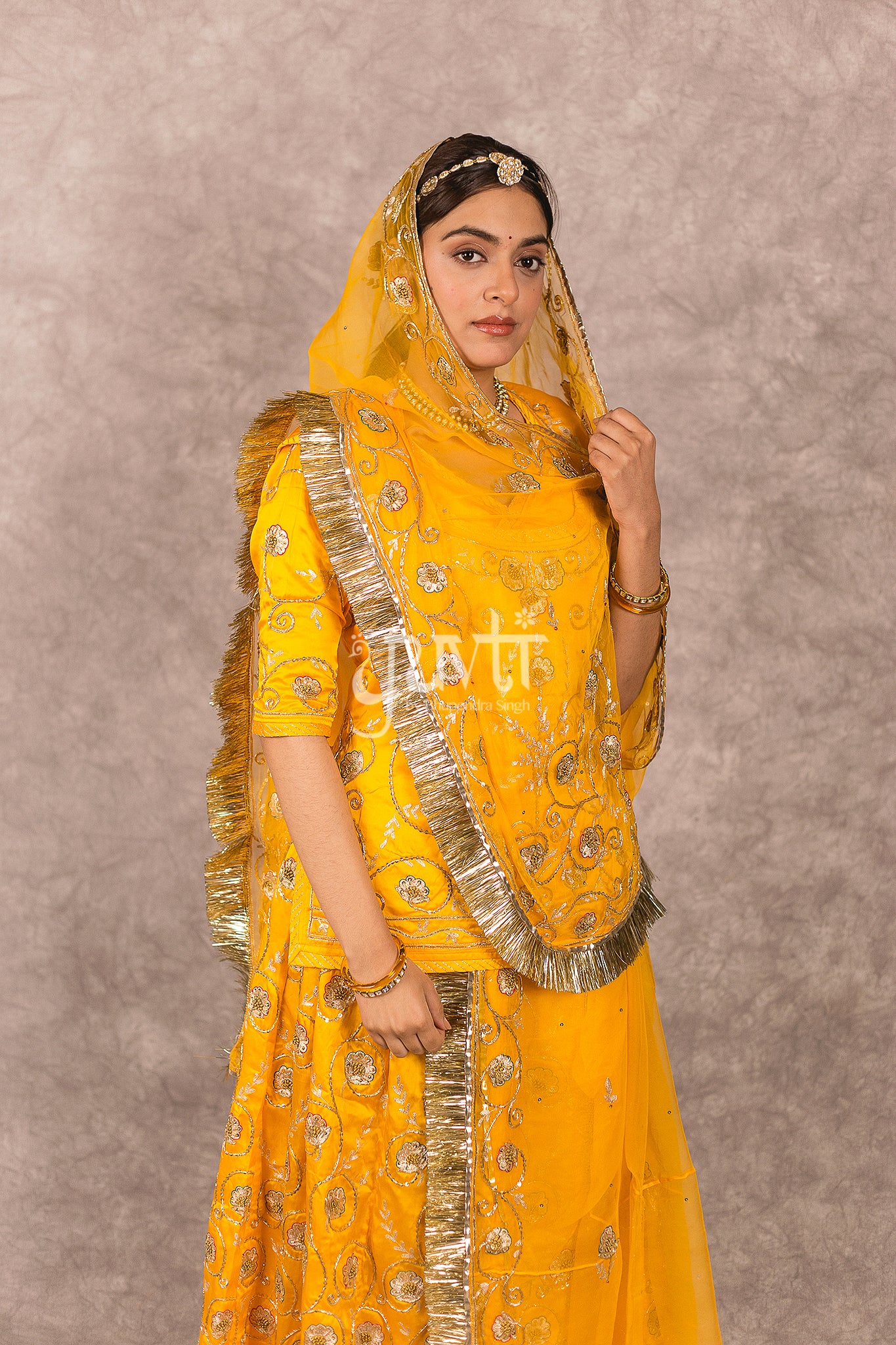 Yellow Aari Sequins Salma Jaal work Bamber satin Rajputi Poshak