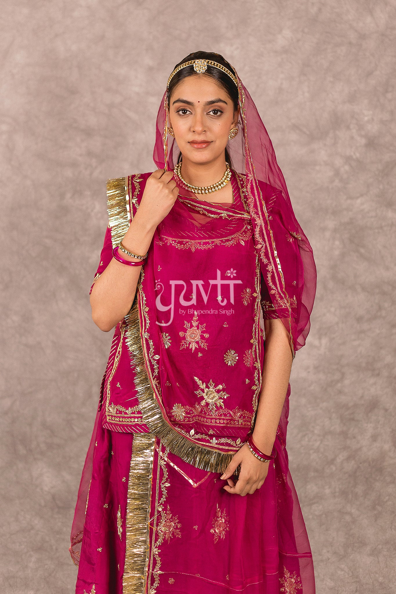 Wine Bamber Satin Zardosi Boota Work Rajputi Poshak
