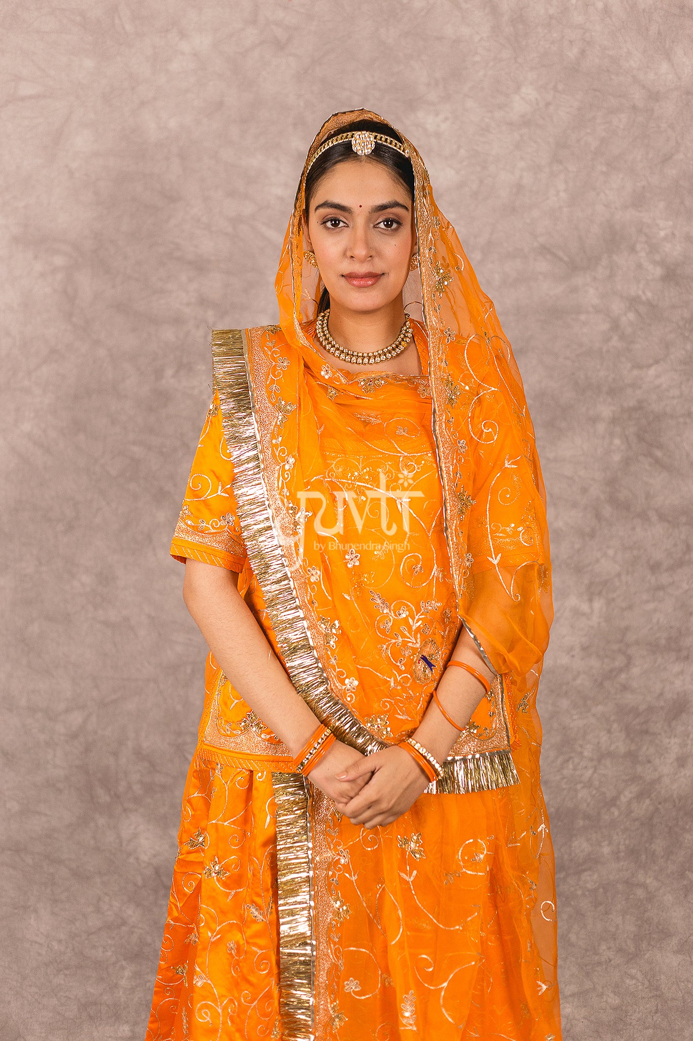 Orange Bamber Satin Aari Sequins Work Rajputi Poshak