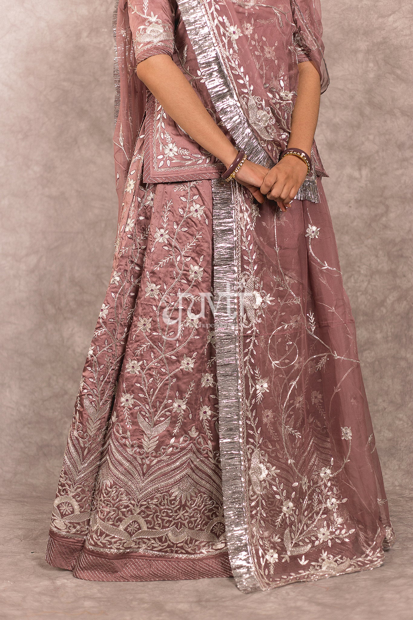 Brown Bamber Satin Aari Salma Jaal work Rajputi Poshak