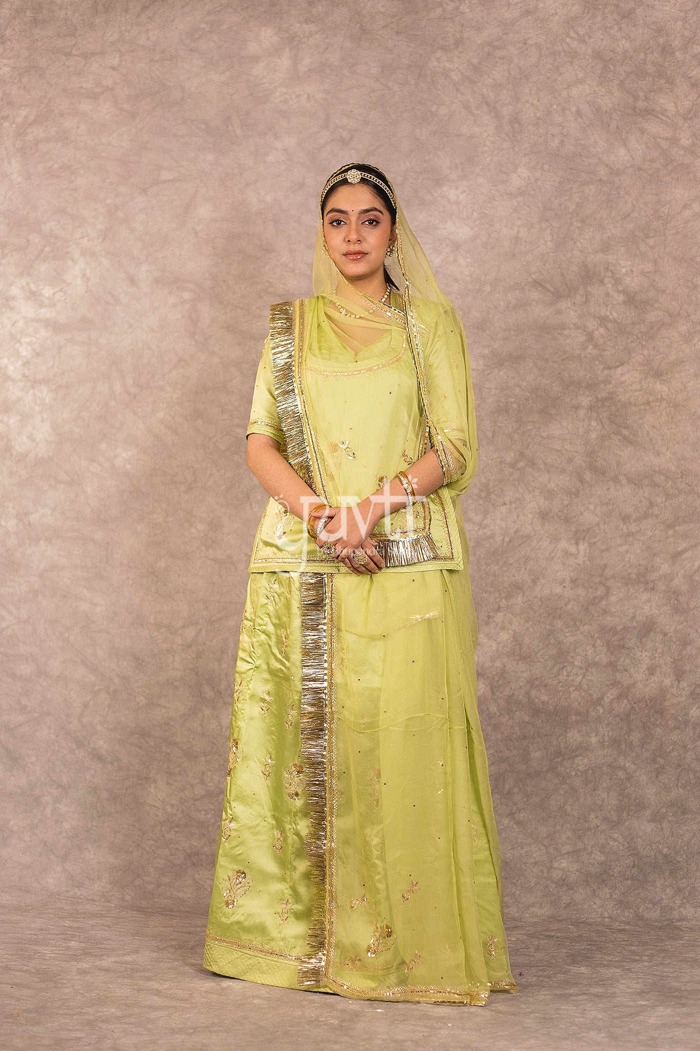 Green Bamber Satin Aari Sequins Work Rajputi Poshak