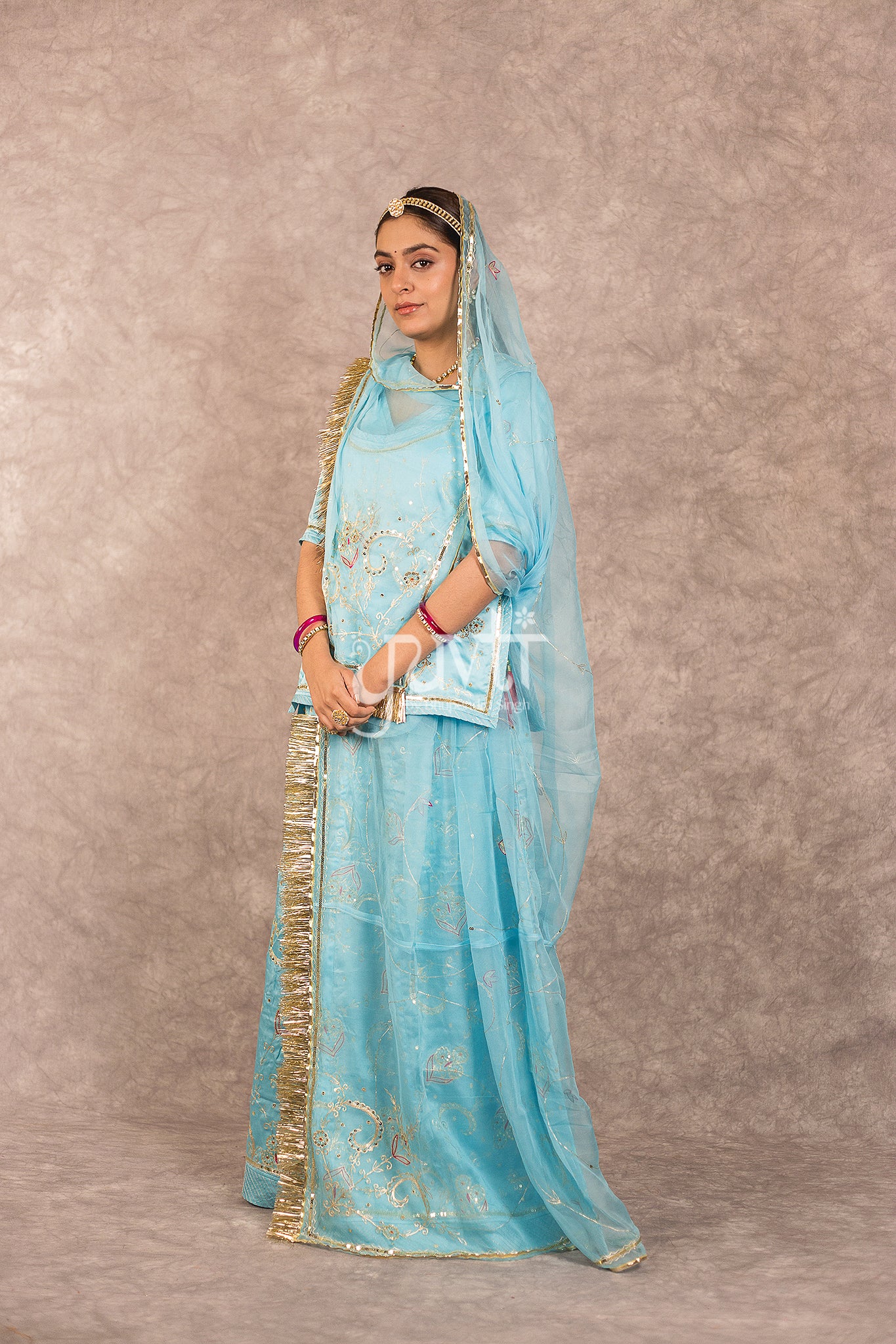 Sky Blue Bamber Satin Aari Sequins work Rajputi Poshak